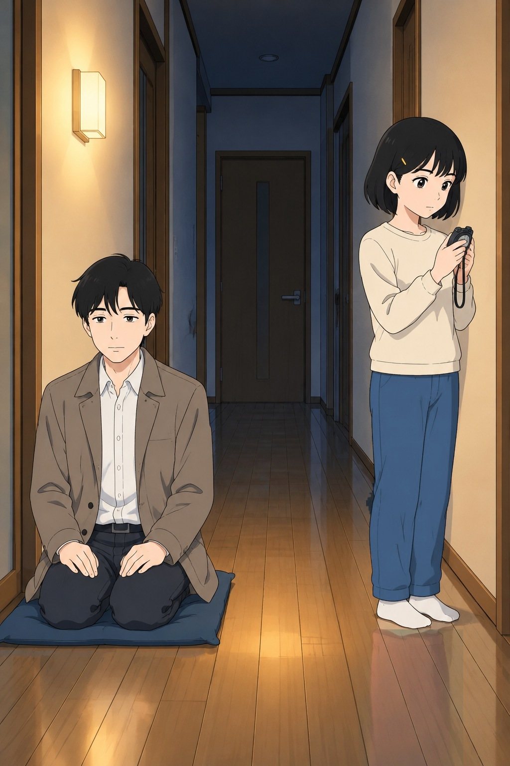 ライトの点いた夜の廊下。座布団に正座する透。向こうでひかりがストップウォッチを手に待つ。