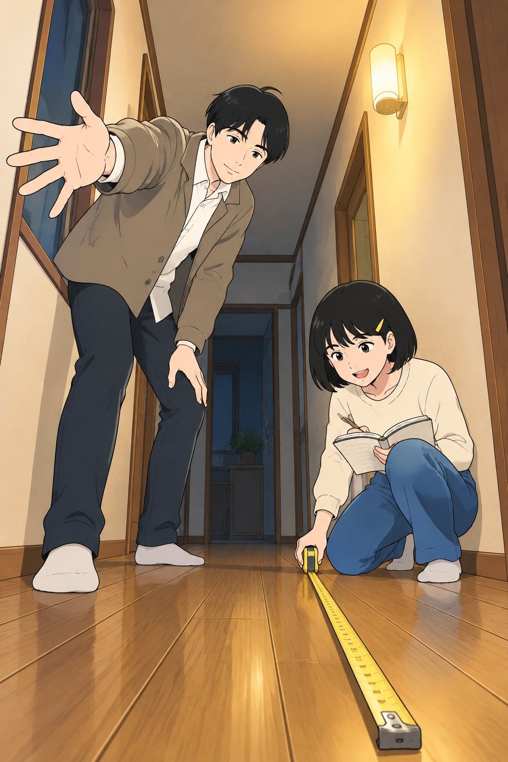 ライトが点き、透が腕を大きく伸ばして振る。ひかりがしゃがんで巻き尺を床に伸ばし、ノートを手に得意げに笑う。