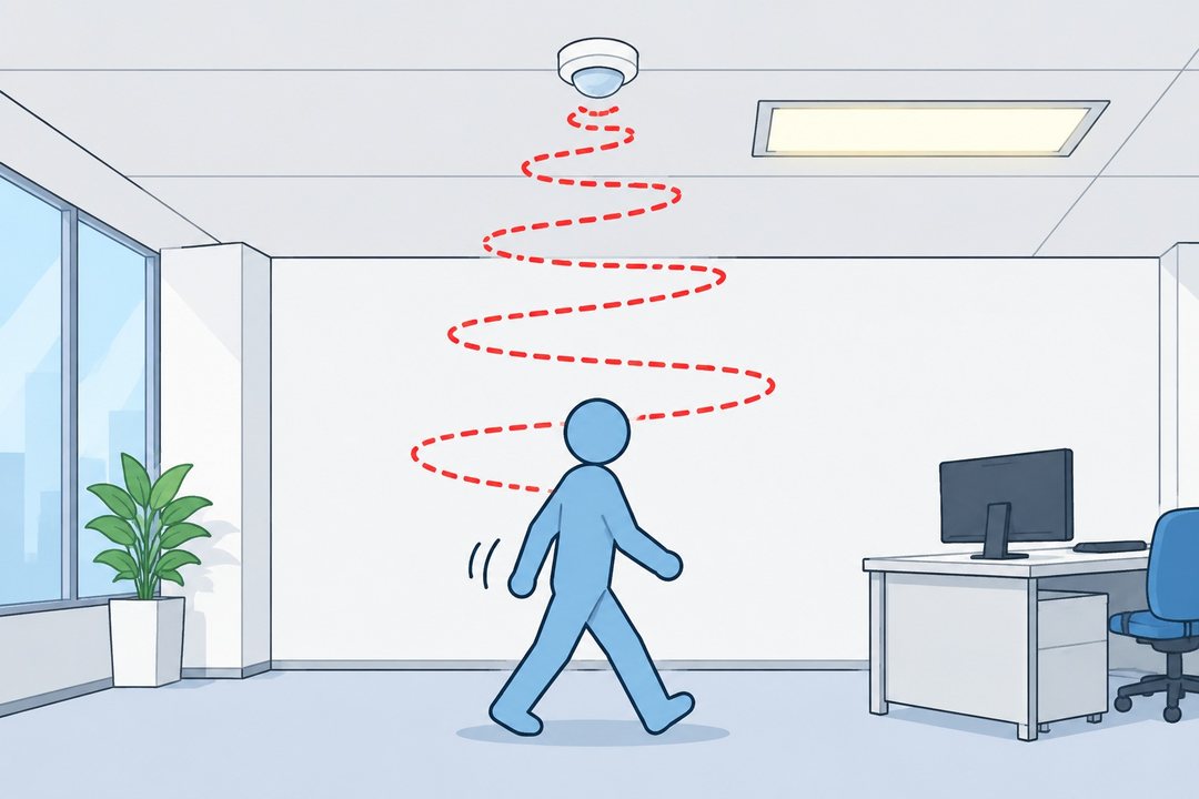 学習まんがの図解。自動ドアの上のセンサーから赤い波の線が広がり、下を人の形が歩いて通る。