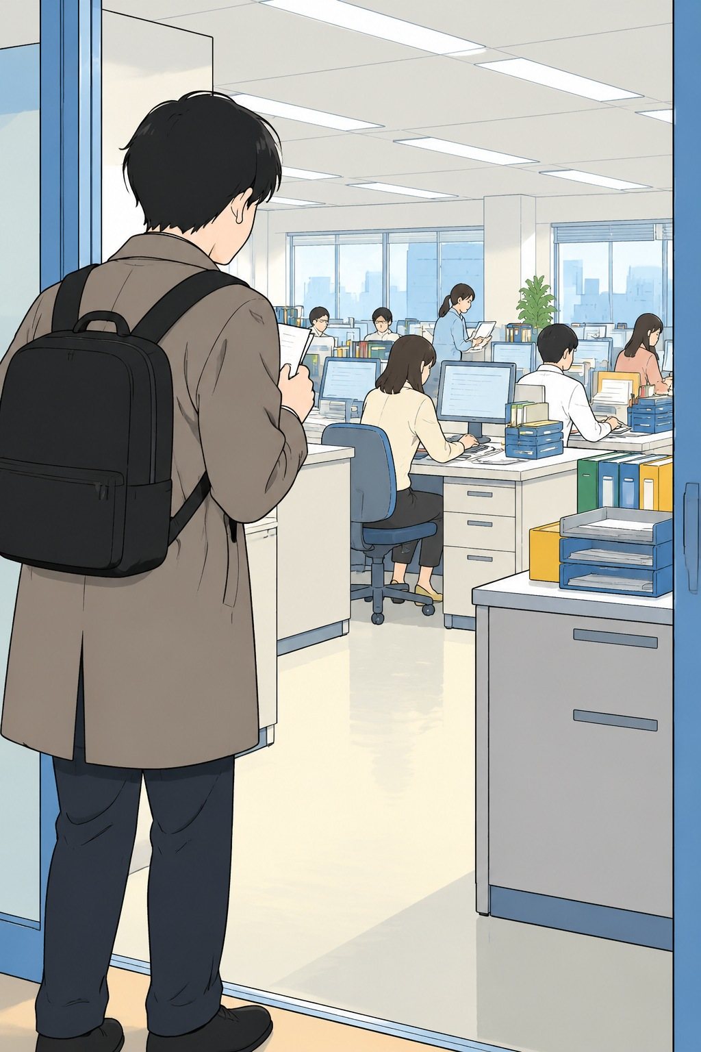 総務部の入口で、リュックを背負い、メモを握りしめて立ち尽くす透の背中。奥で社員たちが忙しく働き、誰もこちらを見ない。
