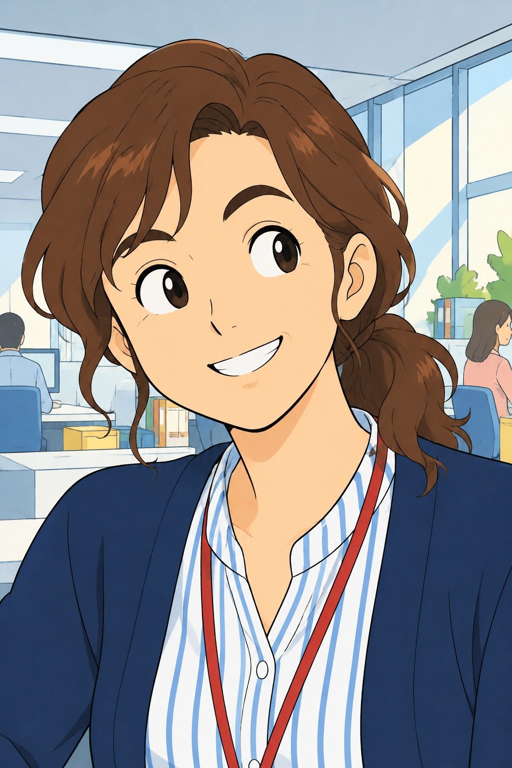 有坂の顔の寄り。メモから顔を上げ、初めて透の顔をまじまじと見て、にっと笑う。