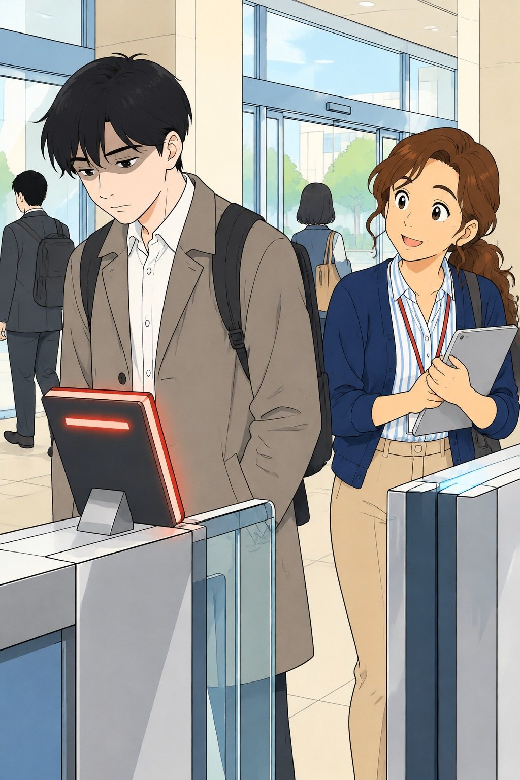 会社の入口のゲート。赤く光る小さな画面の前で透がうつむいて立つ。後ろを人が通る。有坂がタブレットを抱えて、笑顔で透をのぞきこむ。