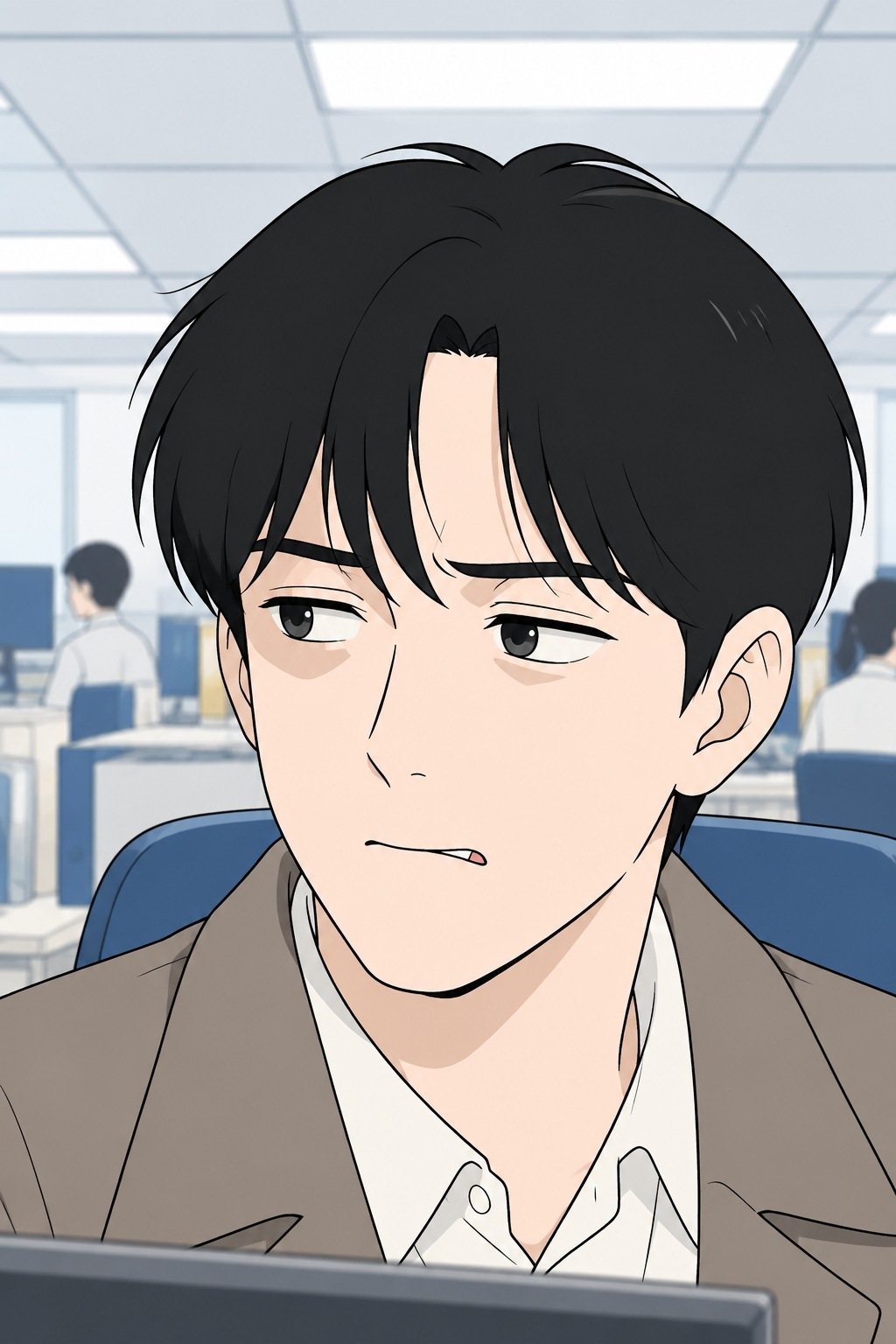 椅子に座ったまま、不満げに眉を下げる透の寄り。頭の上に照明。