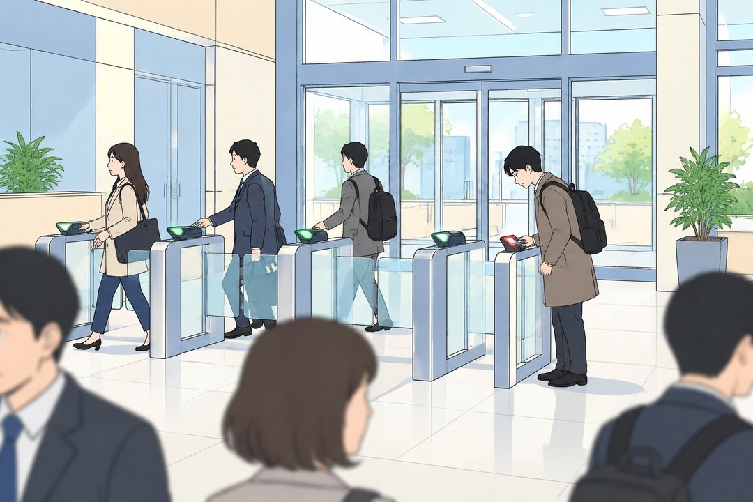 朝の会社の入口。社員たちが小さな画面の前をすいすい通っていく。列の端で、透だけが何度も画面をのぞきこみ、赤い光を受けている。