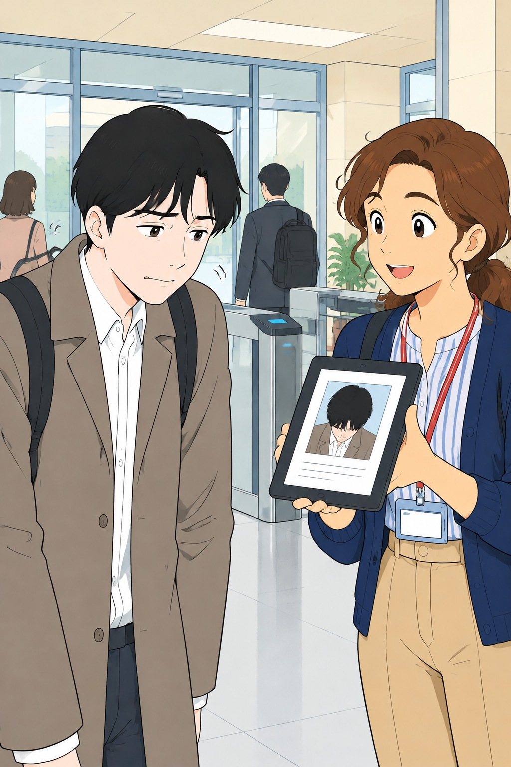 入口の脇で、有坂がタブレットの登録の写真を透に見せる。写真はうつむいて前髪で目の隠れた透。透は気まずそうに首をすくめる。