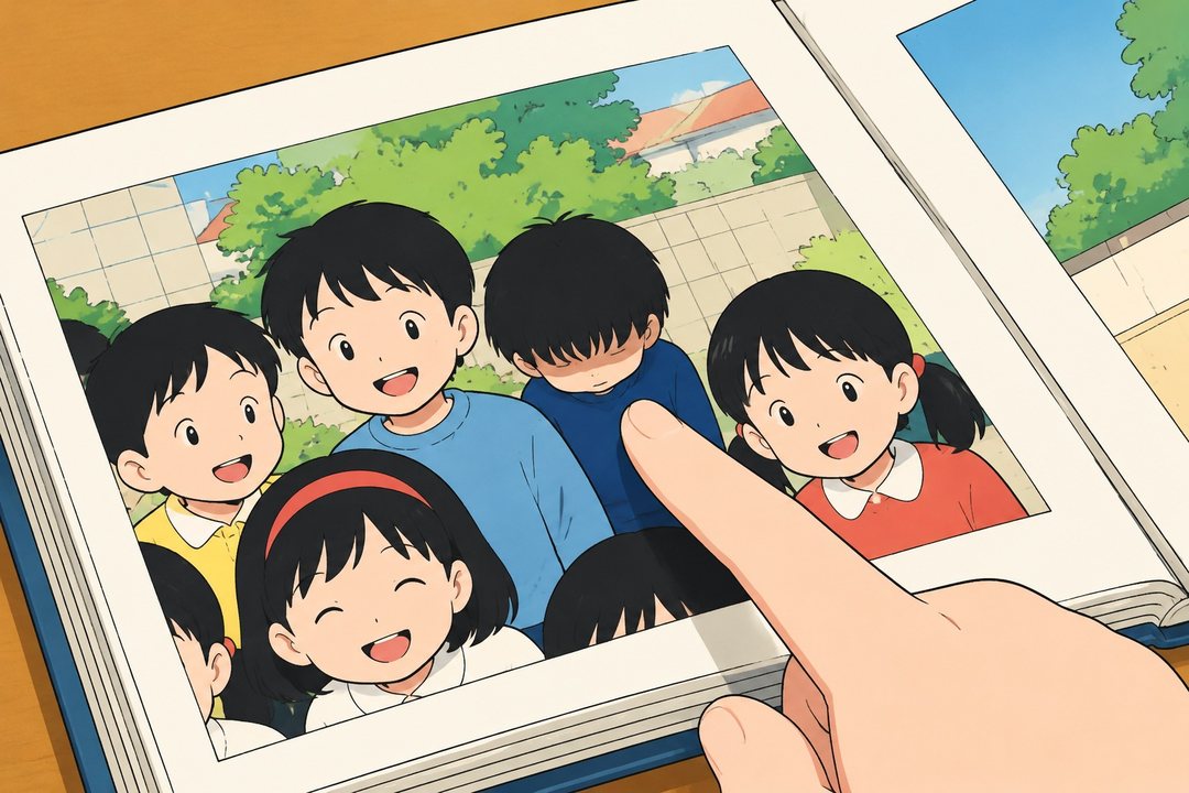 アルバムの集合写真の寄り。後ろの列で、ひとりだけうつむいて顔の見えない小さな透。ひかりの指がそこを指す。