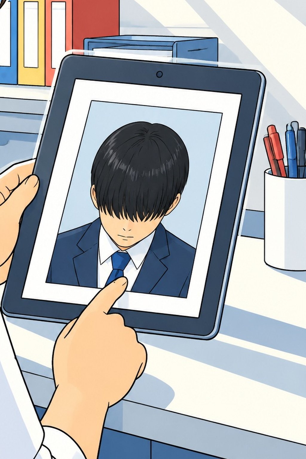 タブレットの中の、入社の時の証明写真。うつむいて前髪で目が隠れた透。指が写真を指している。