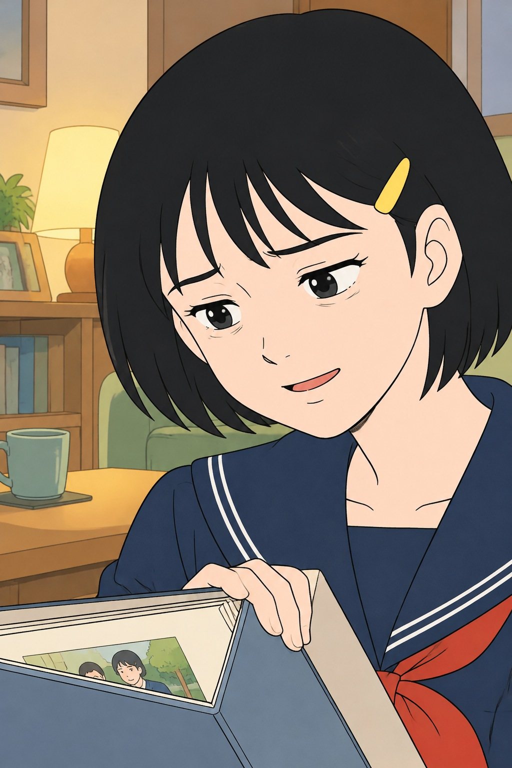 ひかりの顔の寄り。冗談めかした言葉と違い、少しさびしそうに笑う。手元のアルバムを閉じかけている。