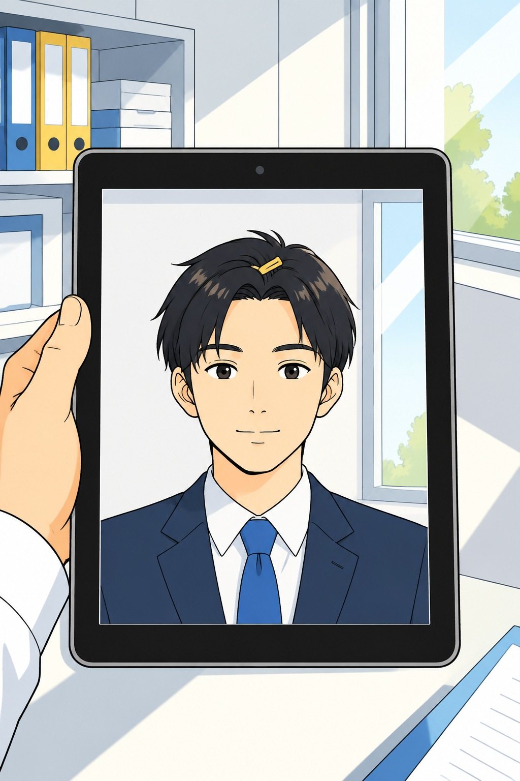 タブレットの中の撮り直しの写真。前髪を上げ、正面を向いた透。後ろに総務の小部屋の白い壁と窓。