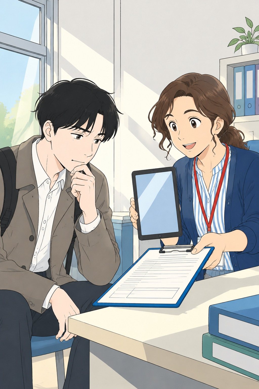 総務の小部屋。机の脇の椅子に透が座っている。有坂がタブレットを持ち、もう一方の手で同意の書類を差し出す。