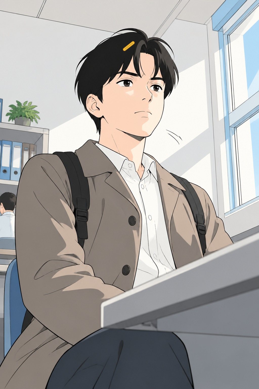 透がゆっくり顔を上げ、前を見る大きな絵。前髪にピン。ぎこちないが、はっきり前を向いた顔。窓の白い光が横から当たる。