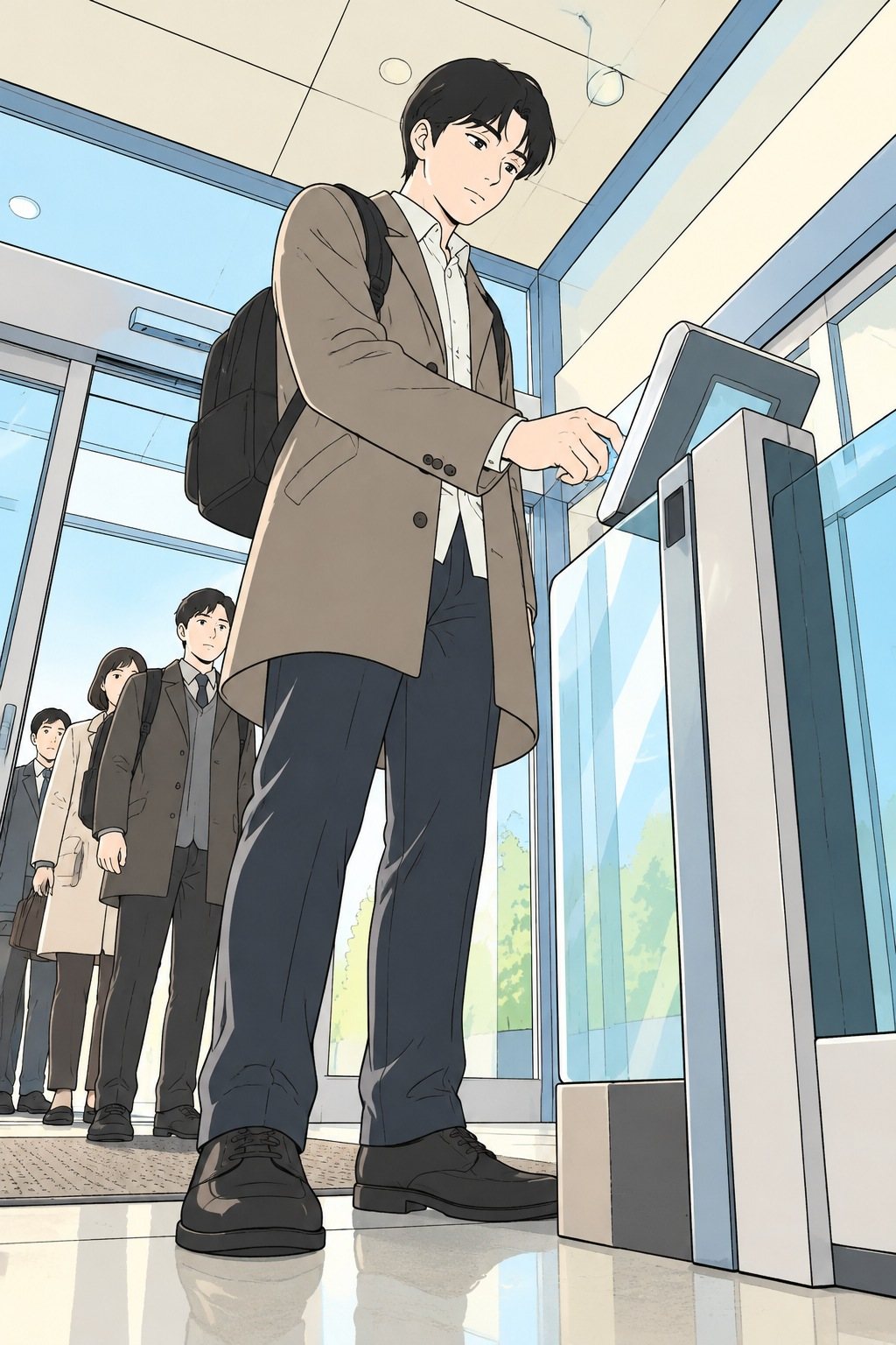 朝の入口の画面の前に、透がまっすぐ立って手を伸ばす。後ろに続く社員たち。