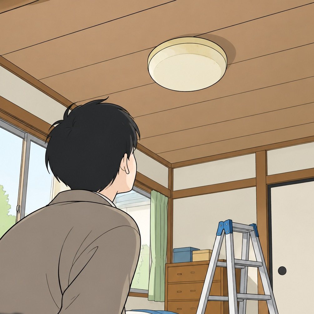 ばあちゃんの家の寝室の天井に、黄ばんだ丸い白い箱がぽつんと付いている。見上げる透の後ろ姿。部屋の奥に脚立。