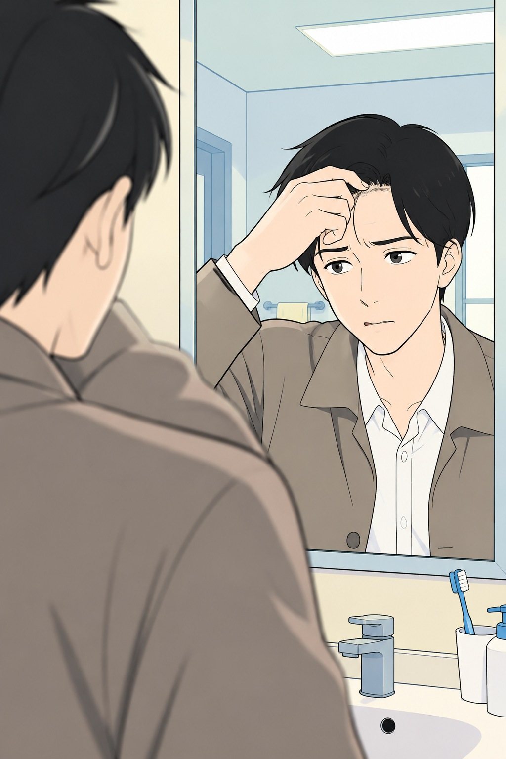 透が洗面所の鏡の前で前髪を指でつまみ上げる。あらわになった額に戸惑う。
