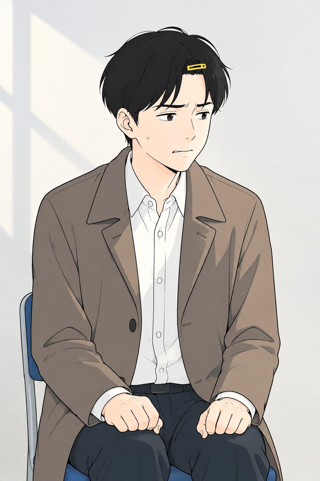 白い壁の前の椅子の透。前髪を黄色いピンで留め、背筋を伸ばして緊張している。
