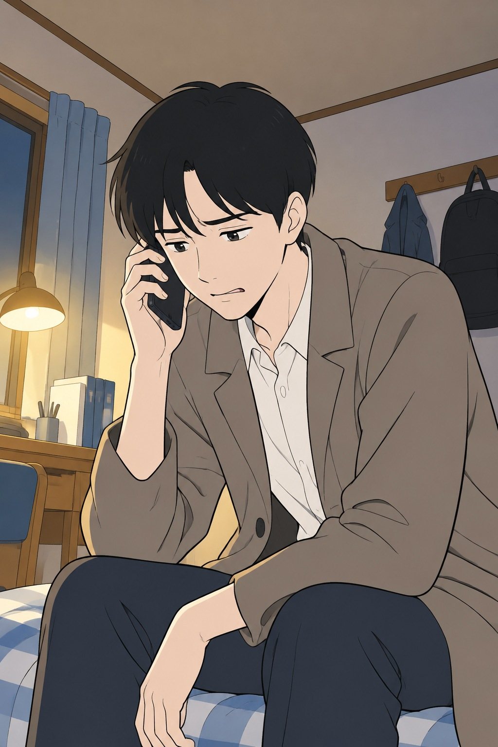 自分の部屋でスマートフォンを耳に当て、困った顔の透。