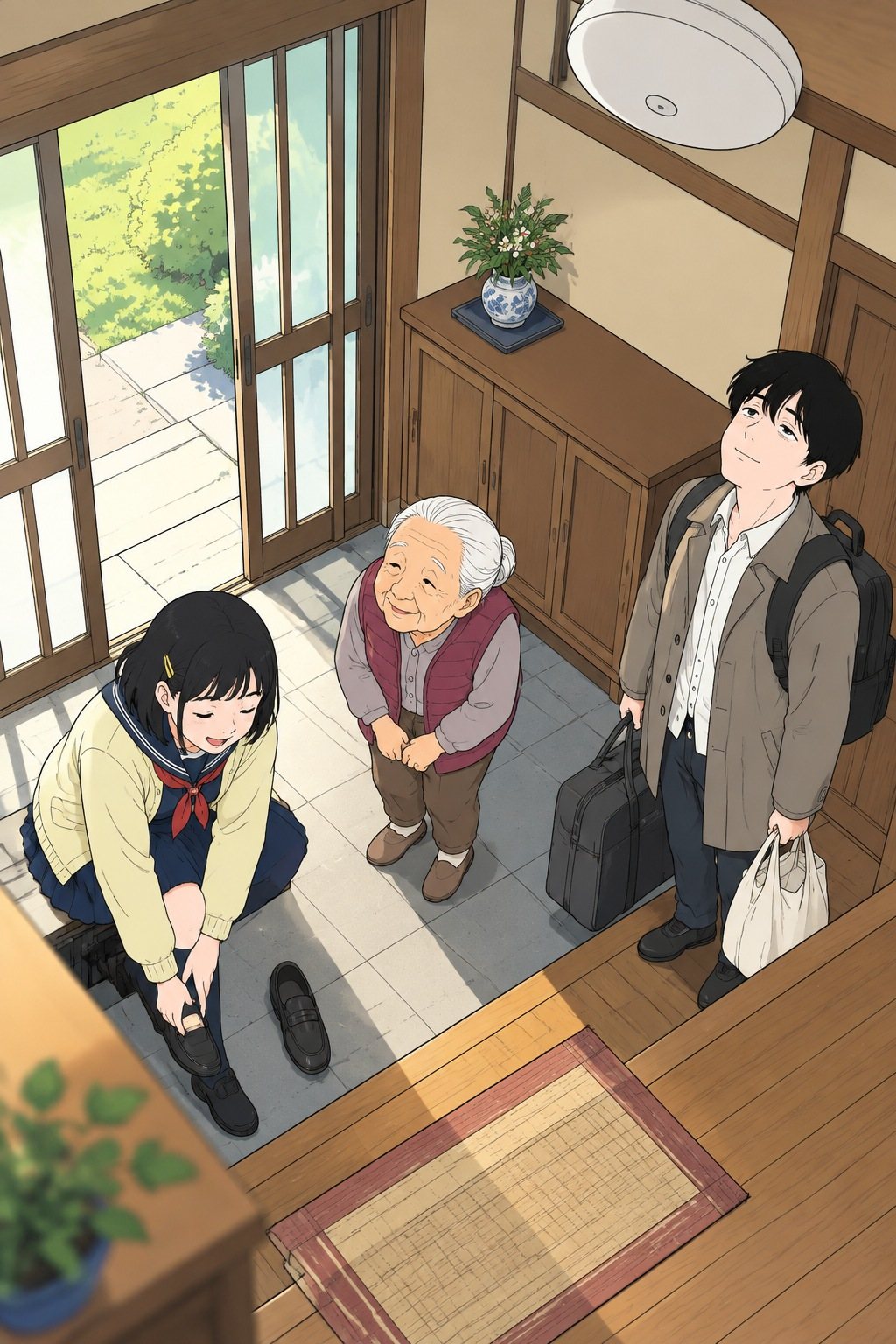 古い木造の家の玄関。靴を脱ぐひかりに祖母のトキが笑いかける。後ろで荷物を持った透が、ひとり天井を見上げている。