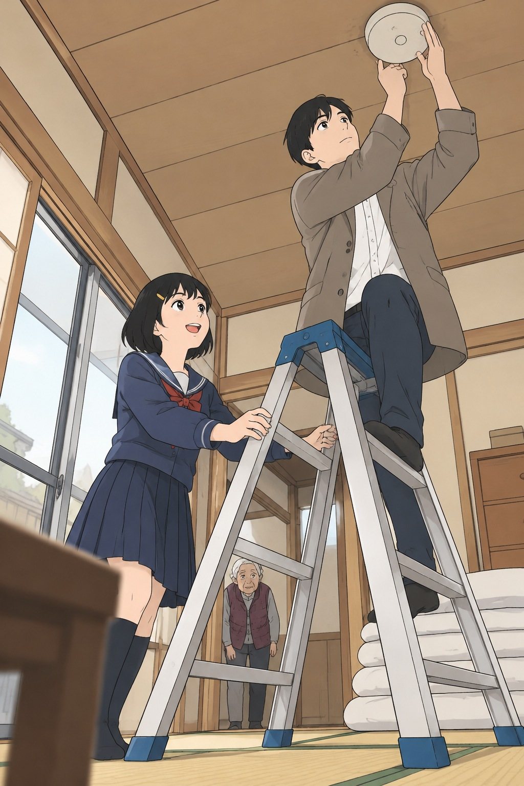 寝室の天井の丸い白い箱。脚立に上った透が箱へ手を伸ばし、ひかりが脚立を押さえる。奥で祖母のトキが見ている。