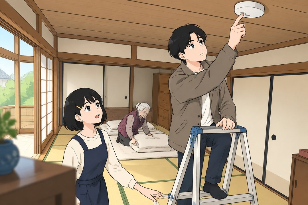 脚立の上で、透が白い箱の点検のボタンを指で押している。何も起きない部屋。ひかりが見上げ、奥で祖母が布団を畳む。