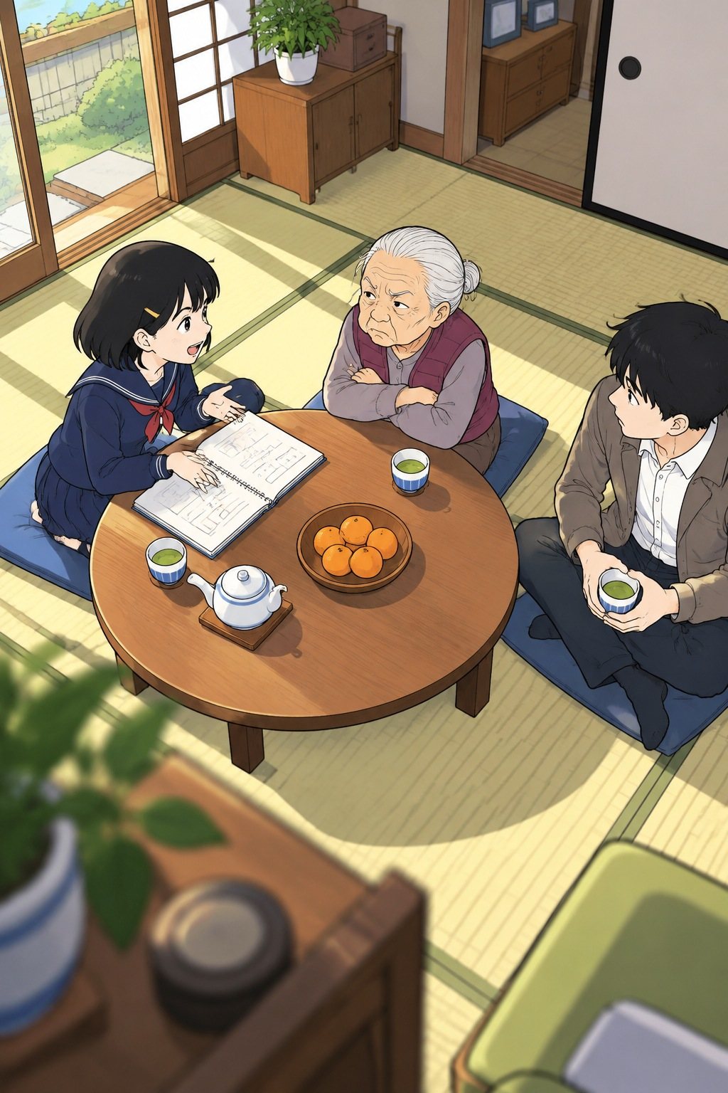 茶の間のちゃぶ台。ひかりがノートを開いて説明し、向かいのトキが腕を組んで口をとがらせる。透は端で湯のみを持つ。