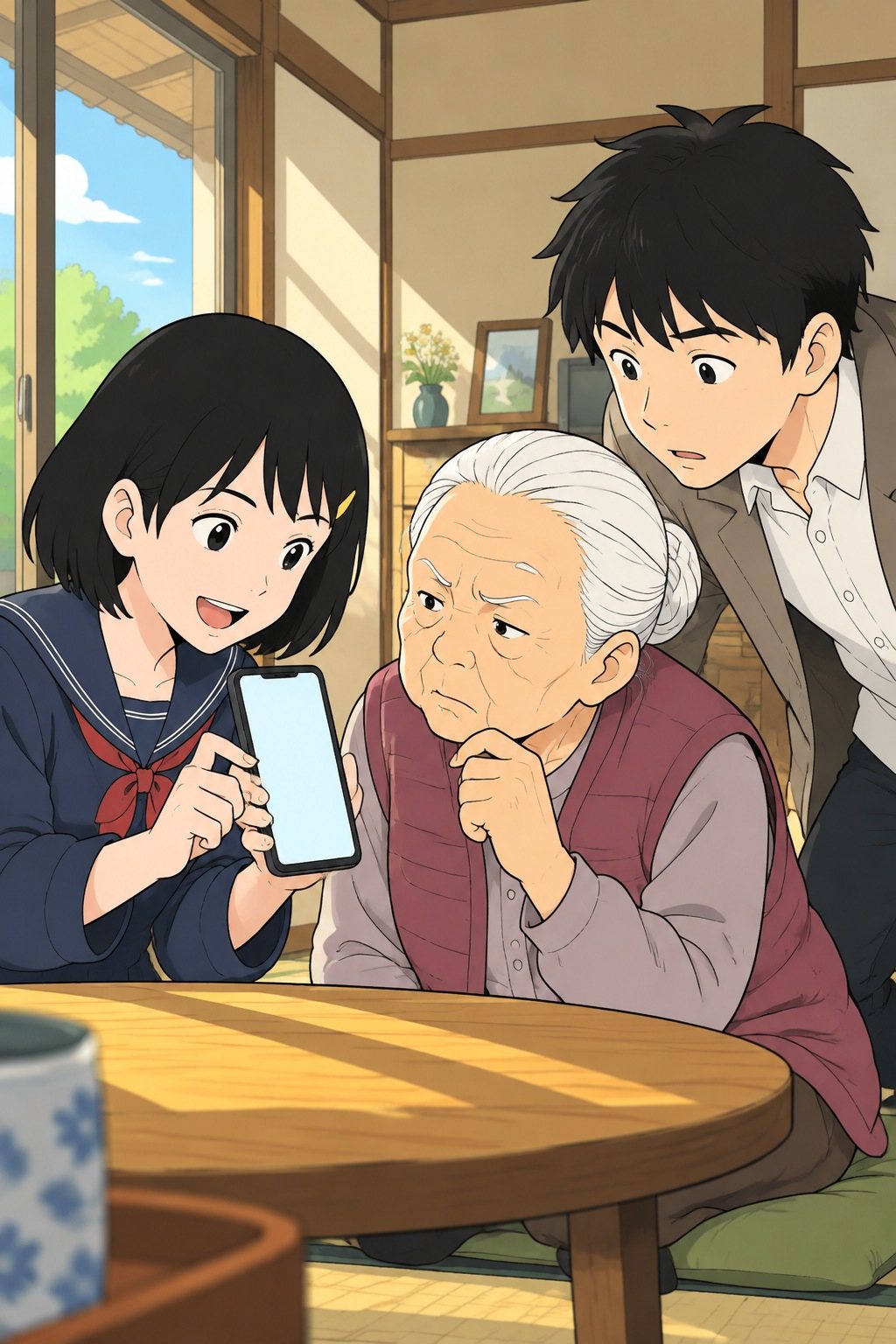 ひかりがスマホの消防の案内を見せ、トキがしぶしぶのぞきこむ。透が横から身を乗り出す。