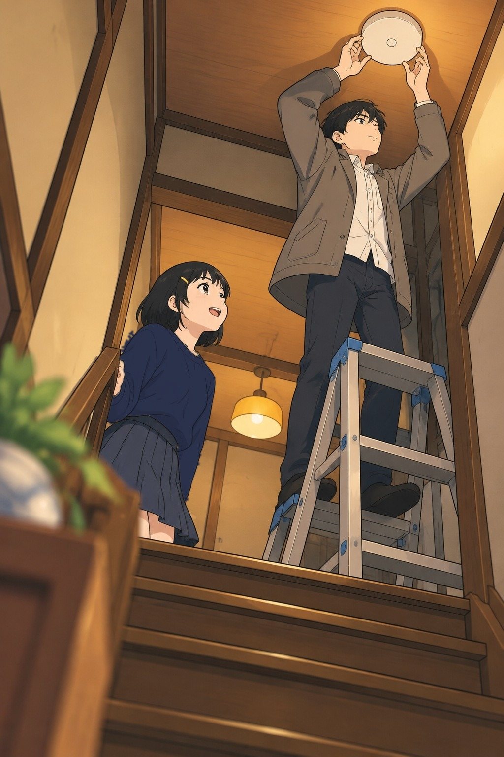 脚立の上で透が新しい白い箱を天井に付ける。真新しい白さ。ひかりが階段の下から見上げる。
