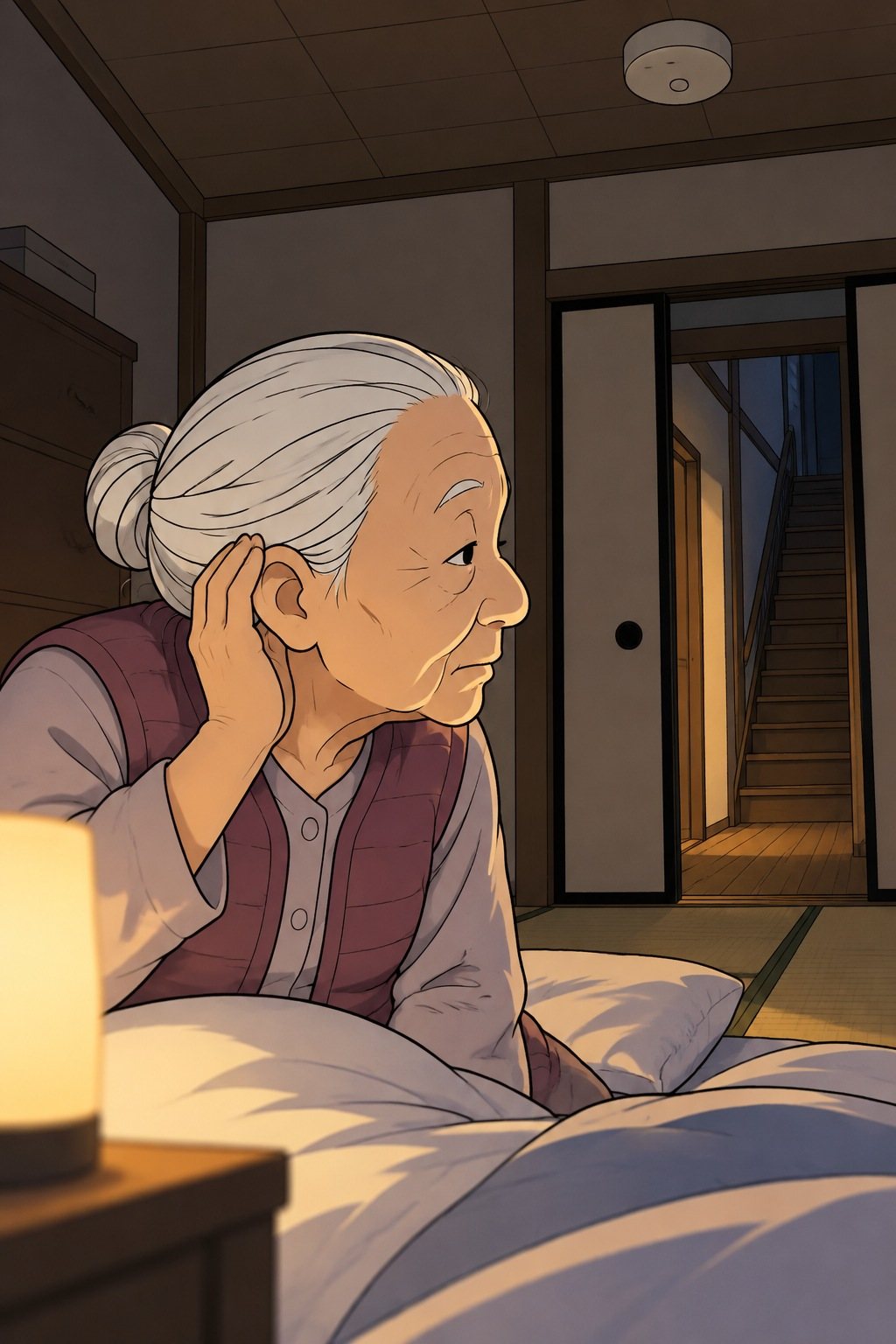 夜の寝室。布団に座るトキの横顔。補聴器のない耳元に手を添え、遠くの音を聞こうとする仕草。ふすま越しに階段が見える。