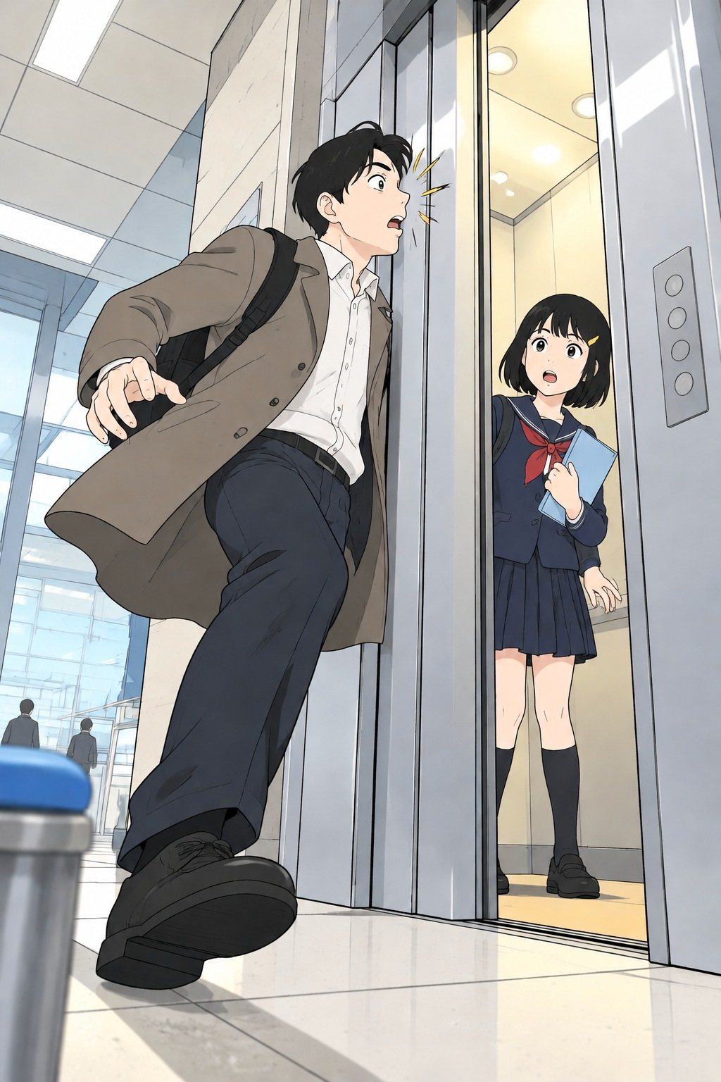 駅ビルのエレベーターの前。透がまっすぐ、堂々と乗り込もうとする。その鼻先で扉が閉まりかける。ひかりが中から目を丸くする。