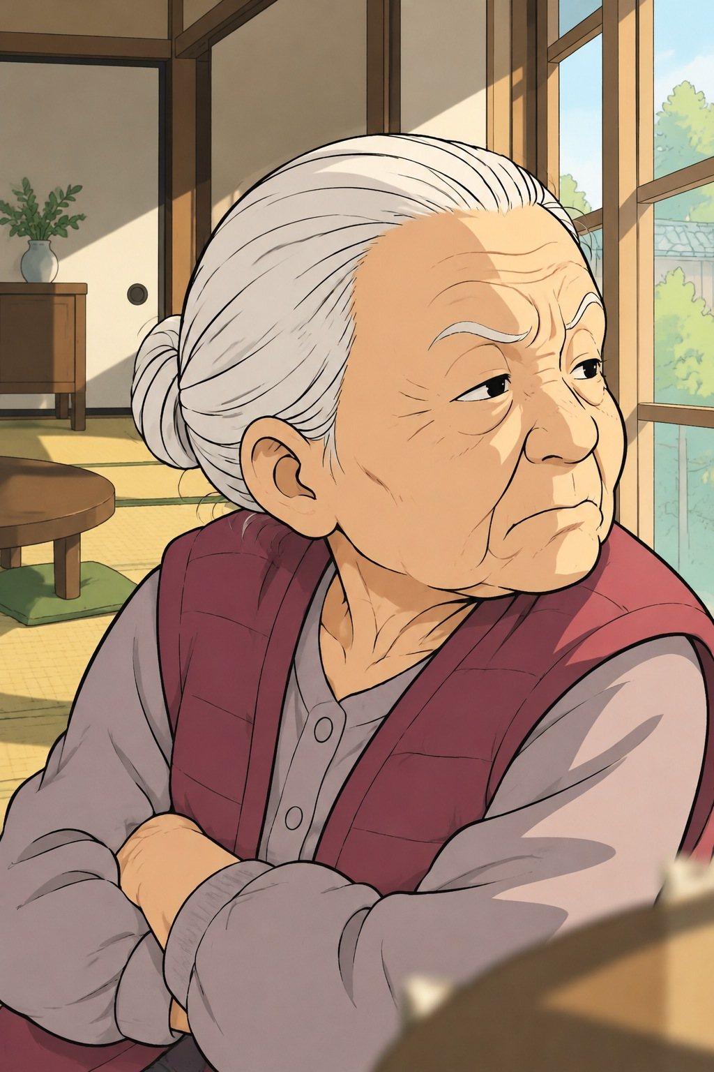 トキが腕を組んでそっぽを向く寄り。しわの深い顔に小さな細い目。
