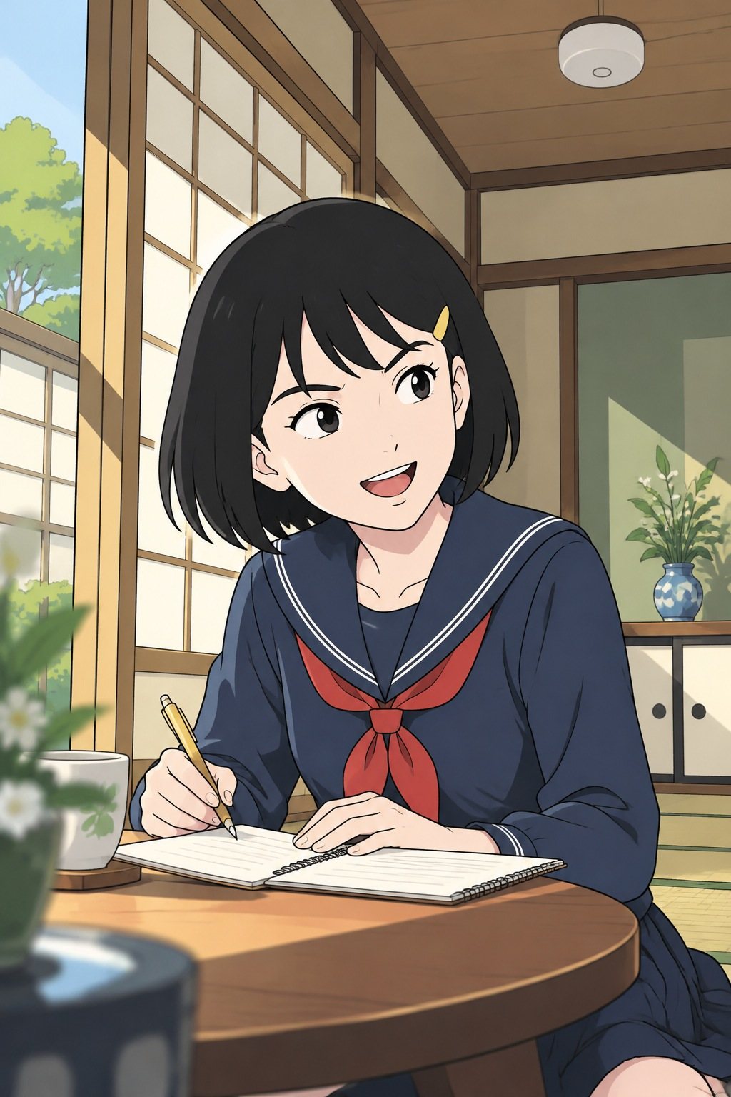 ひかりがノートに買う物を書き、顔を上げて笑う。