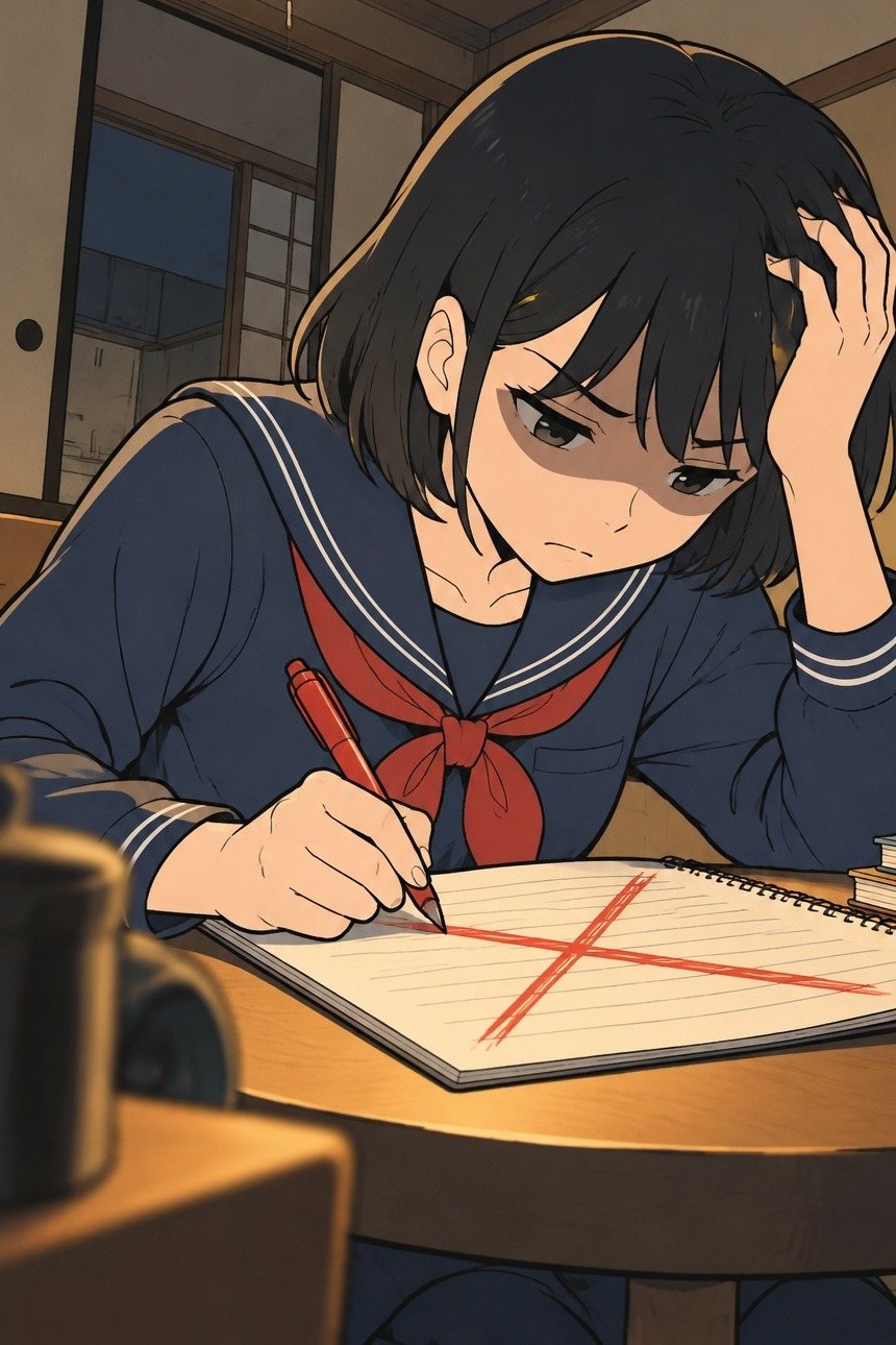 ひかりが頭を抱え、ノートに大きく×を書く手。