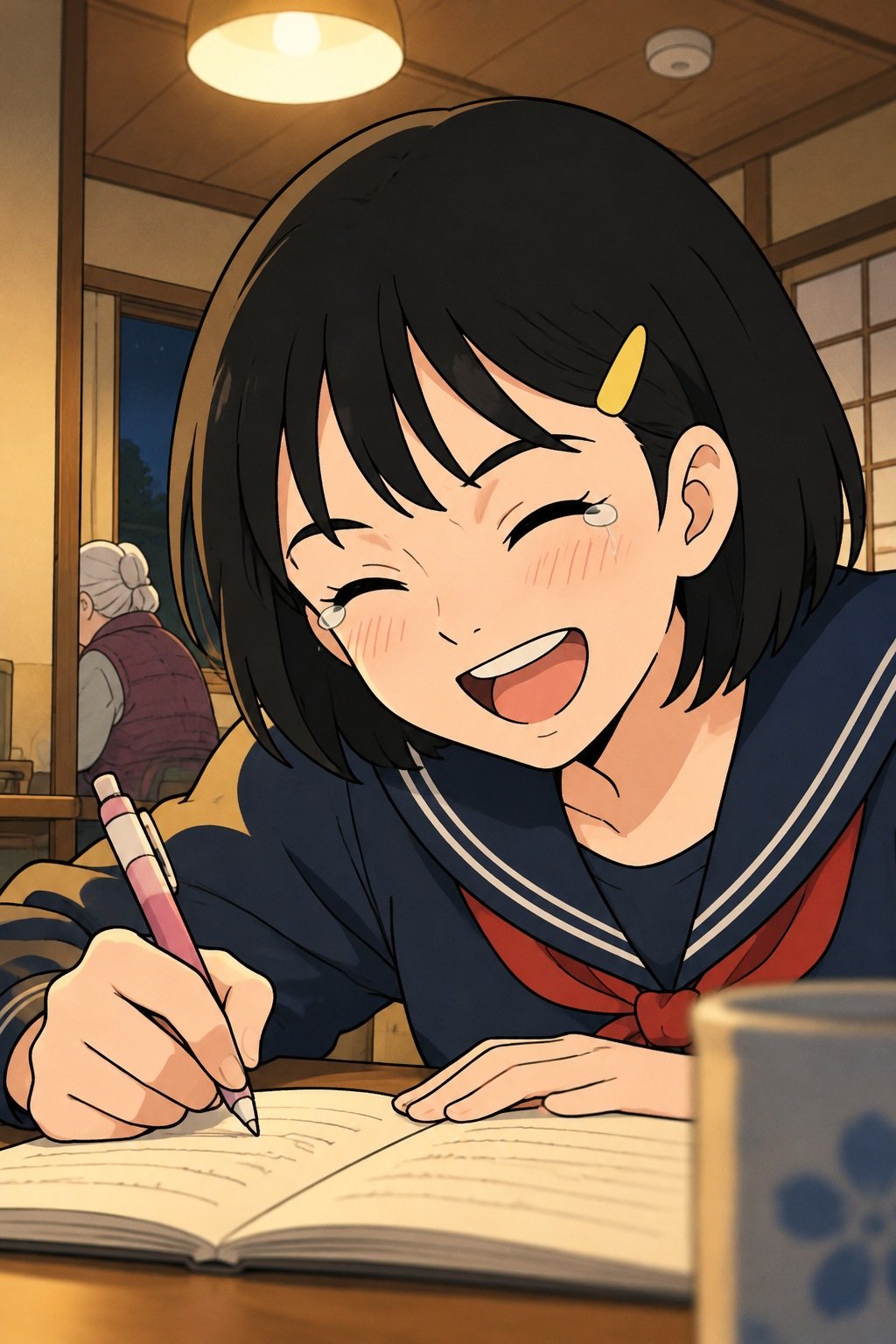 ひかりの顔の寄り。泣き笑いでノートにペンを走らせる。