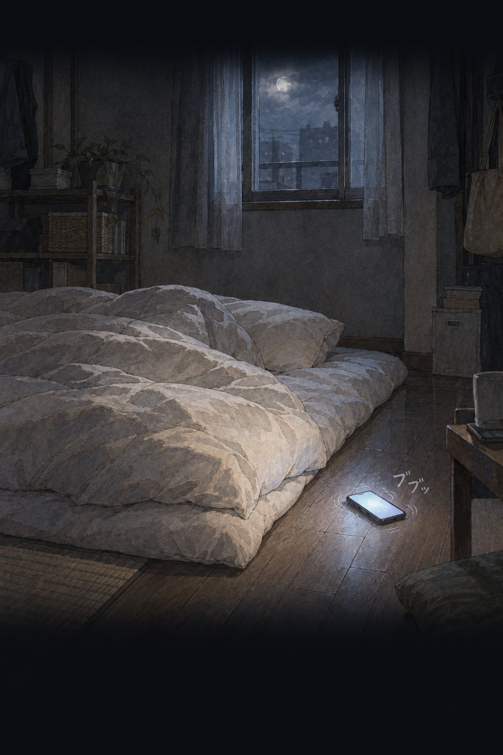 夜明け前の暗い部屋。布団の横の床で、スマートフォンが光って震えている。「ブブッ」の描き文字。