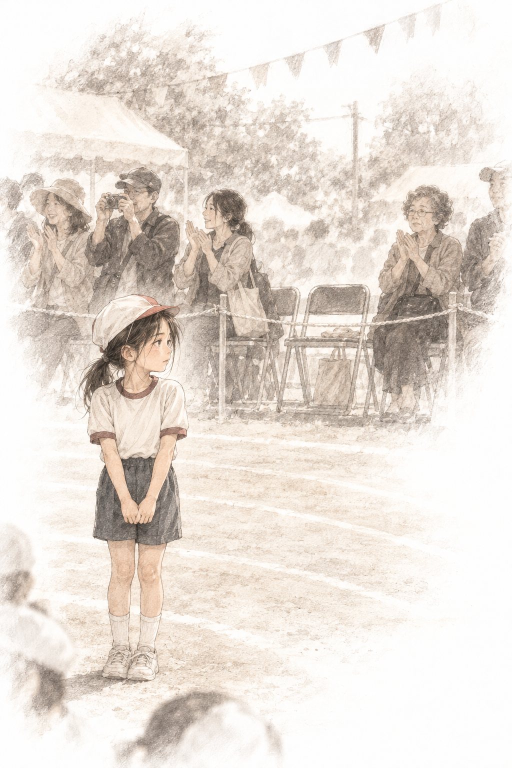 回想（鉛筆のセピア）。小学校の運動会。体操服の少女が、保護者の列の空いた場所を見ている。