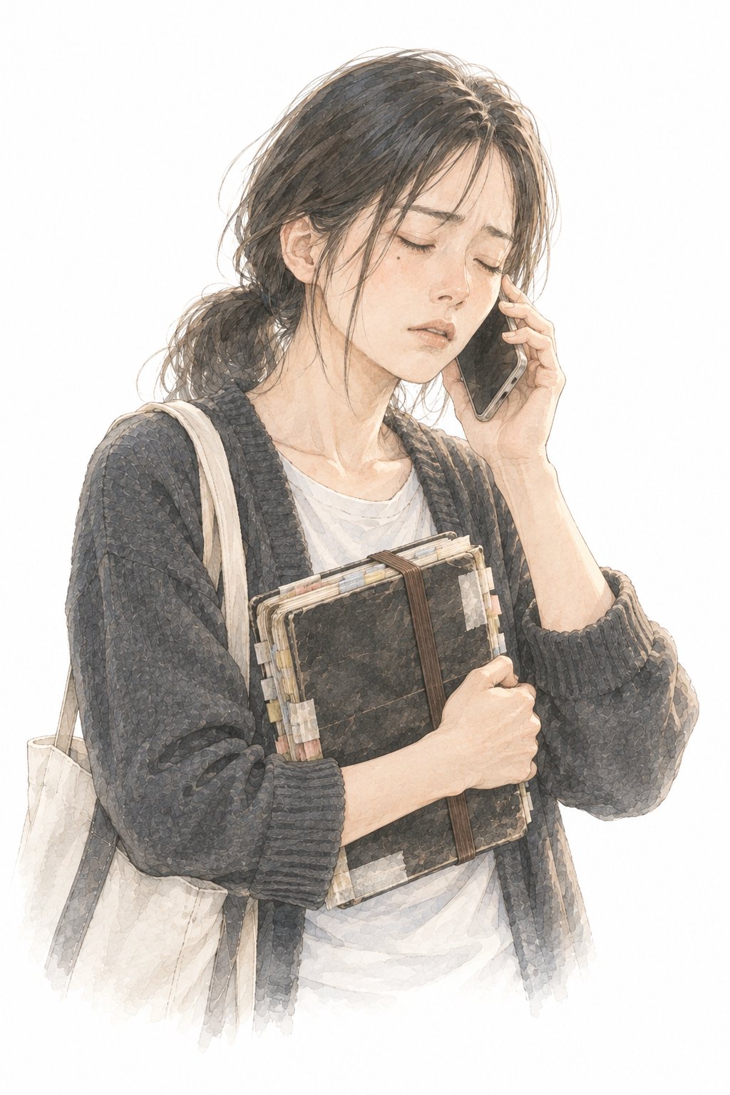 目を閉じて深く息を吸い、スマートフォンを耳に当てる小春。