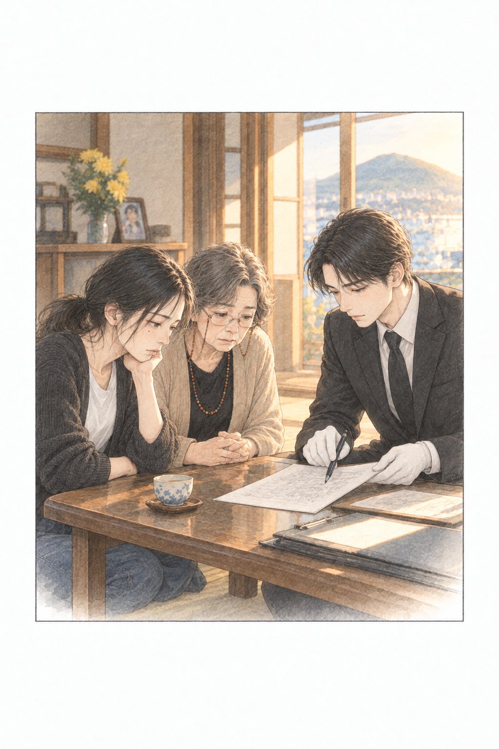 低い机をはさんで、正座した柏木が紙を見せながら、小春と母に説明している。