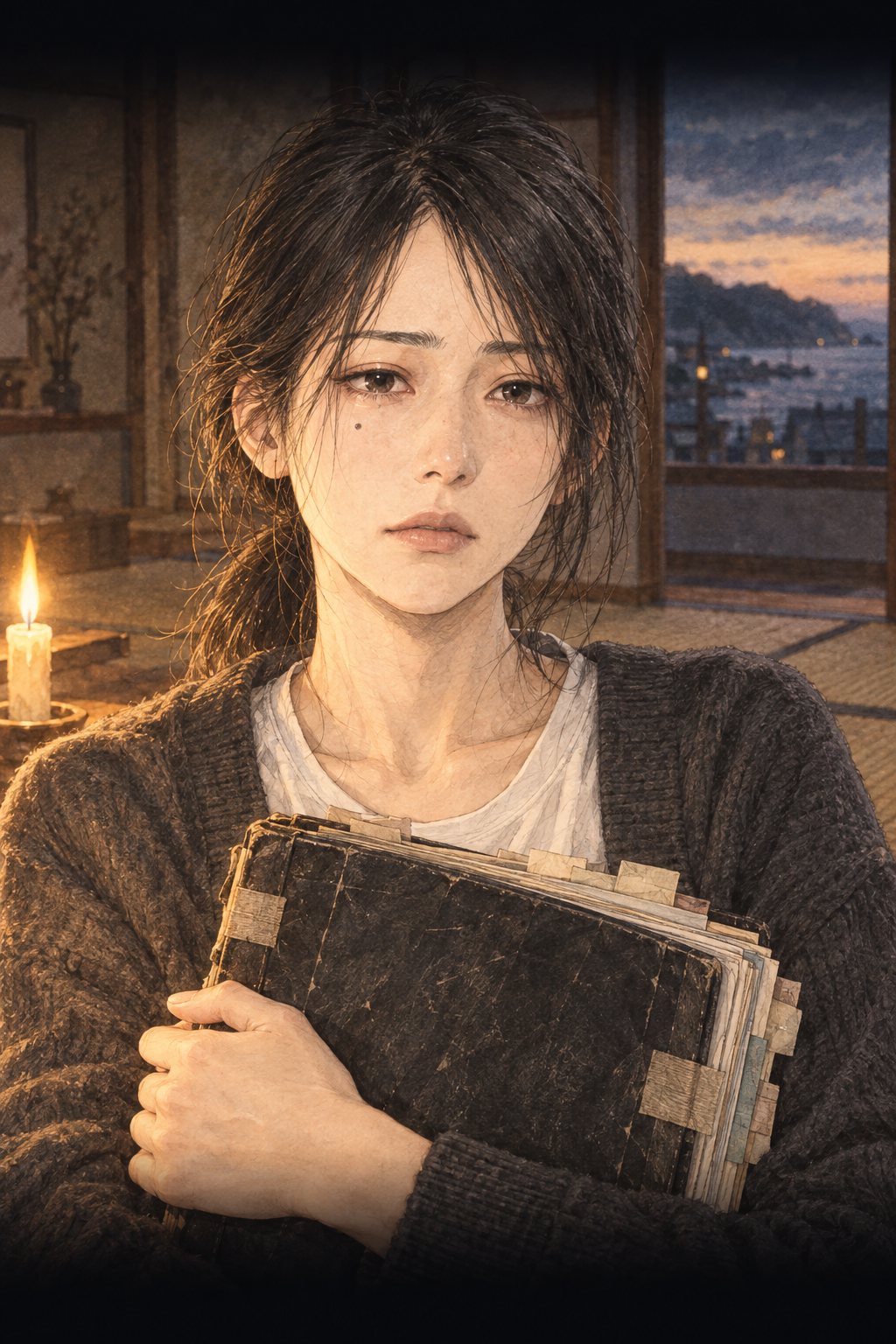 夕方の和室。ろうそくの暖かい光の中、手帳を胸に抱いて前を見る小春。