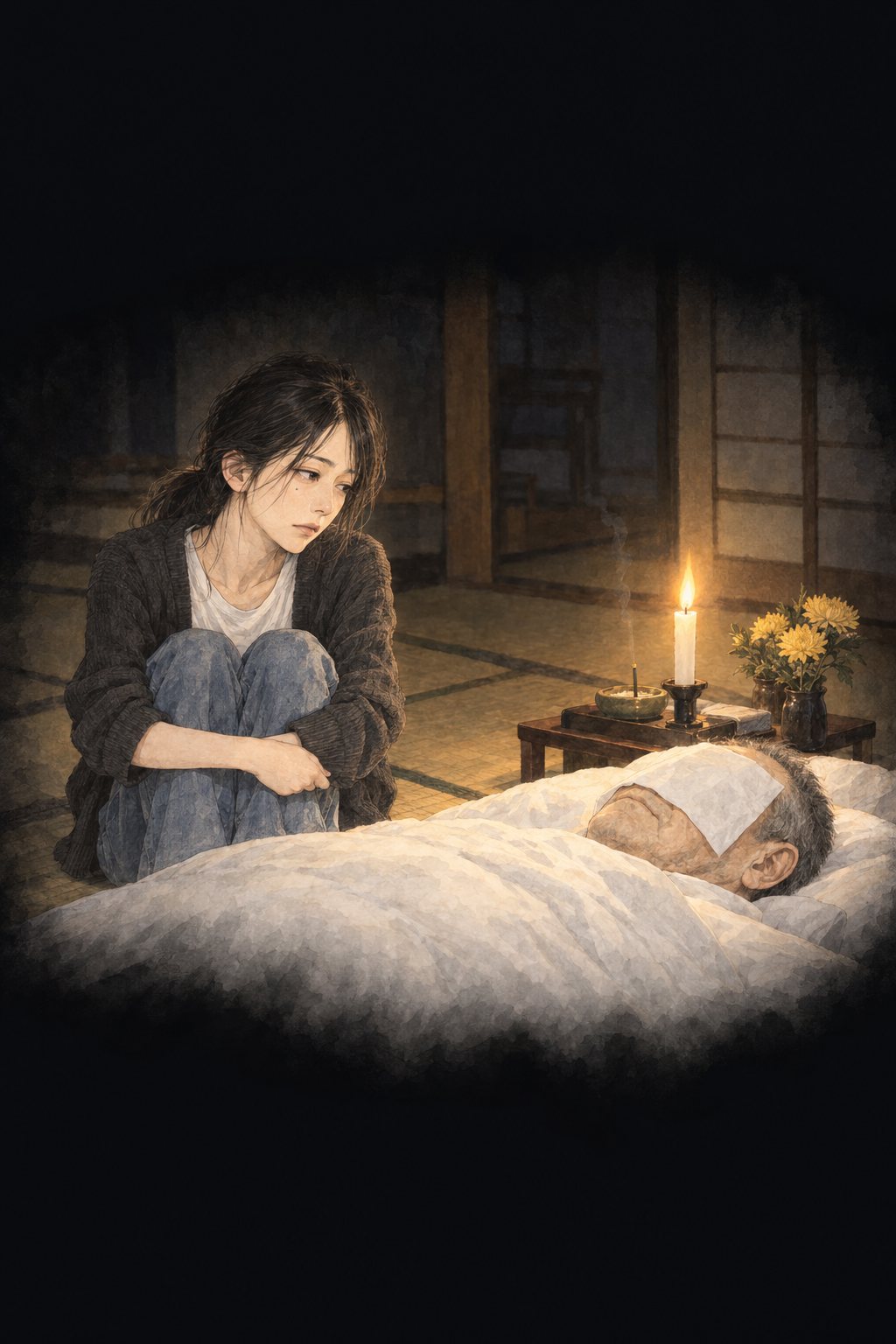 夜の和室。ろうそくの明かりの中、布団に眠る父のそばで、膝を抱えて座る小春。