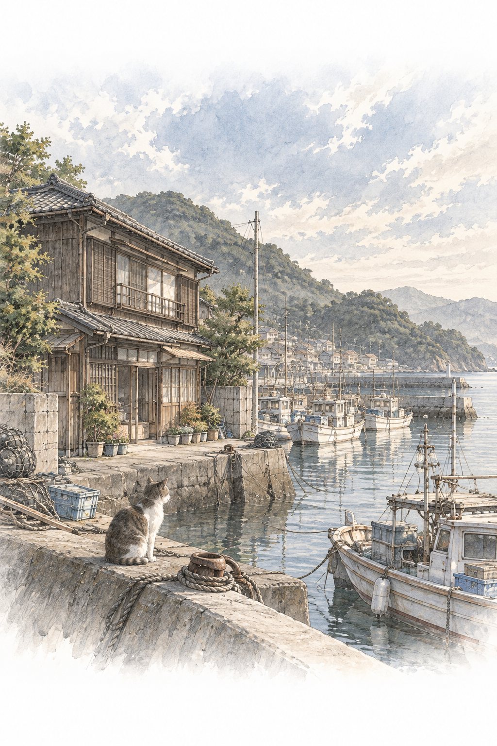 朝の港町。漁船の並ぶ港のそばに建つ、古い二階建ての家。