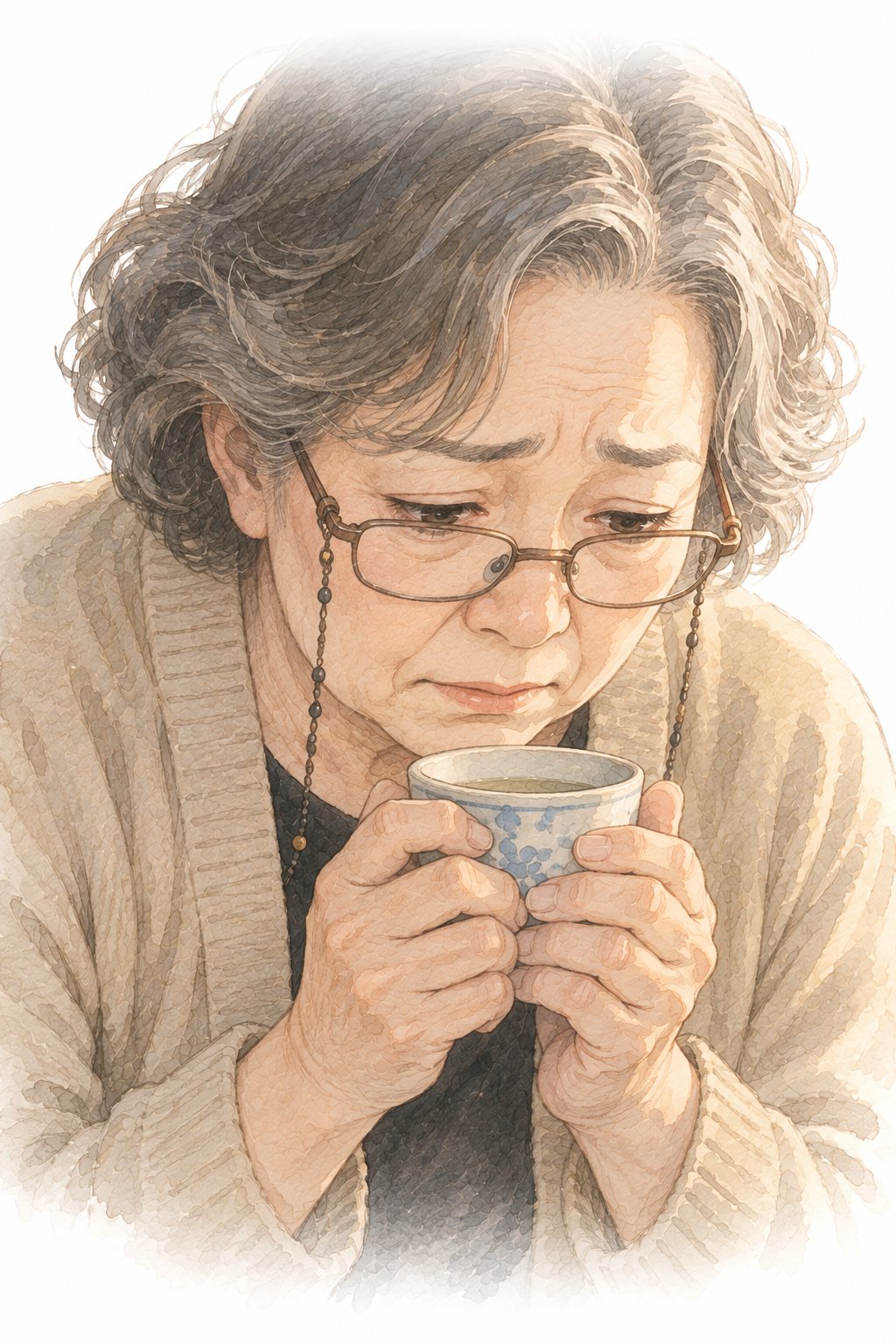 湯のみを持つ母の手が震えている。うつむいた母の顔の寄り。