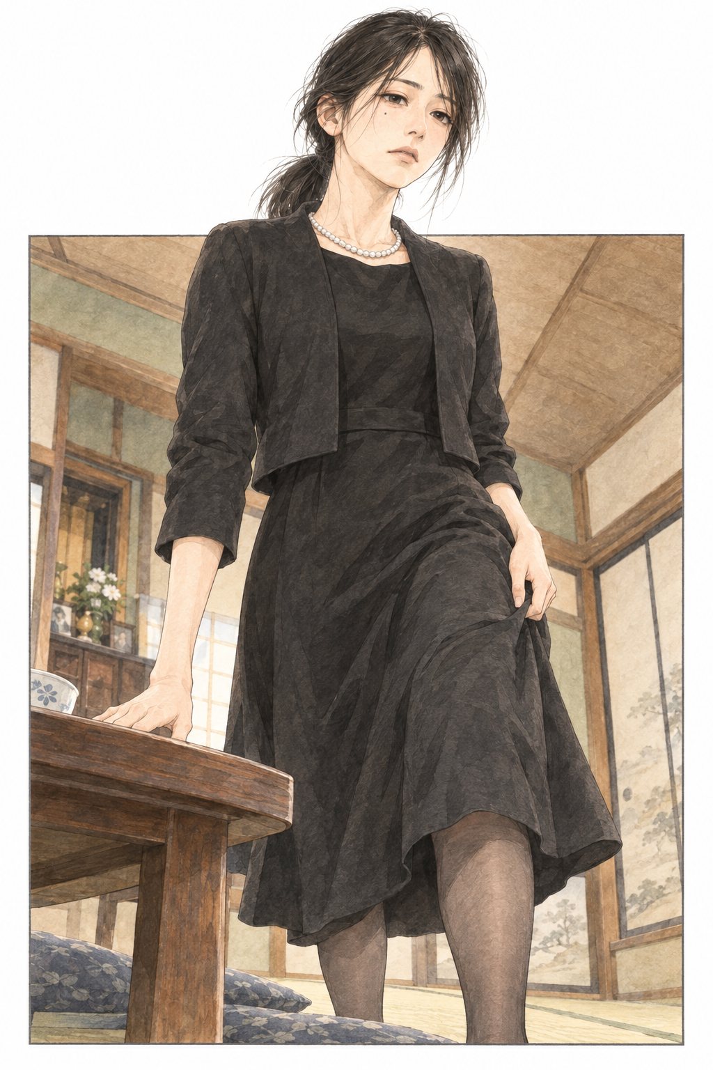 机の前で立ち上がり、決意した顔でこちらを見下ろす小春。