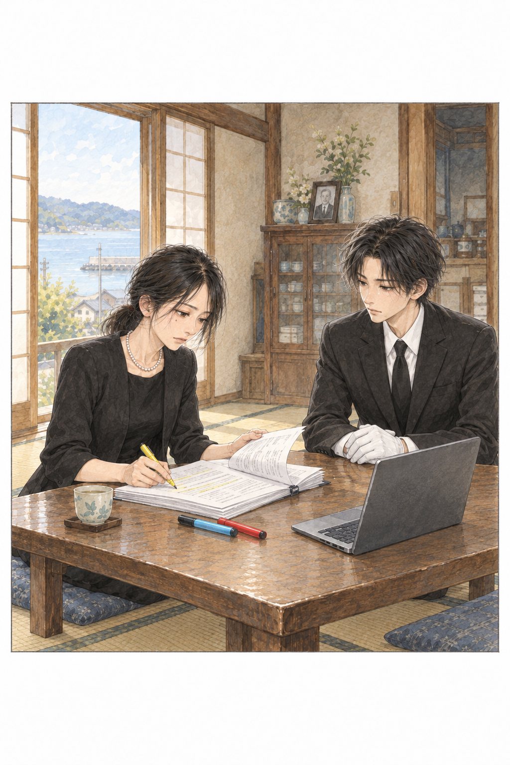 朝の居間。低い机に見積書を広げ、ノートパソコンと三色の蛍光ペンを並べる小春。向かいに柏木。