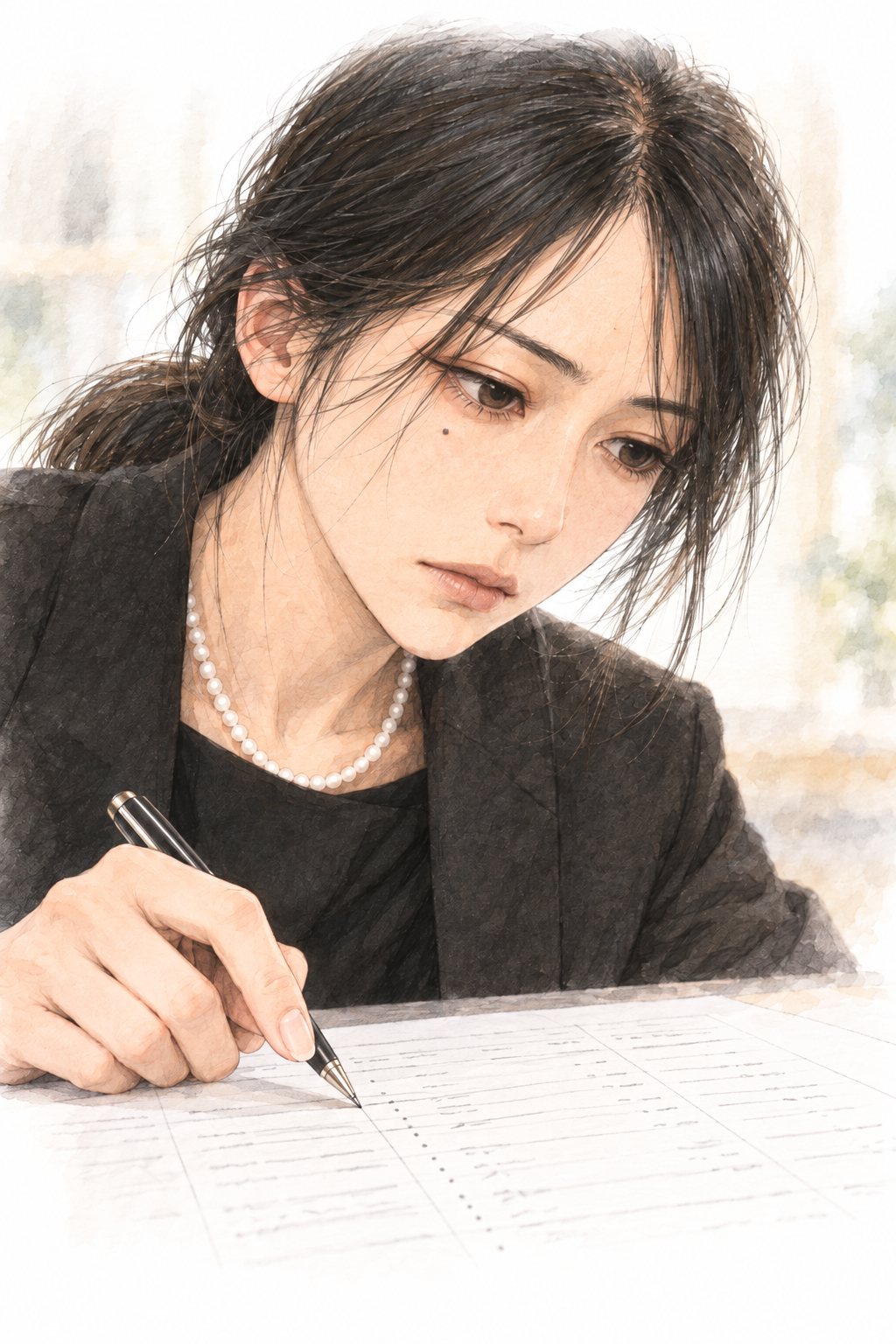ペンの先で見積書の行を叩き、鋭い目をする小春の寄り。