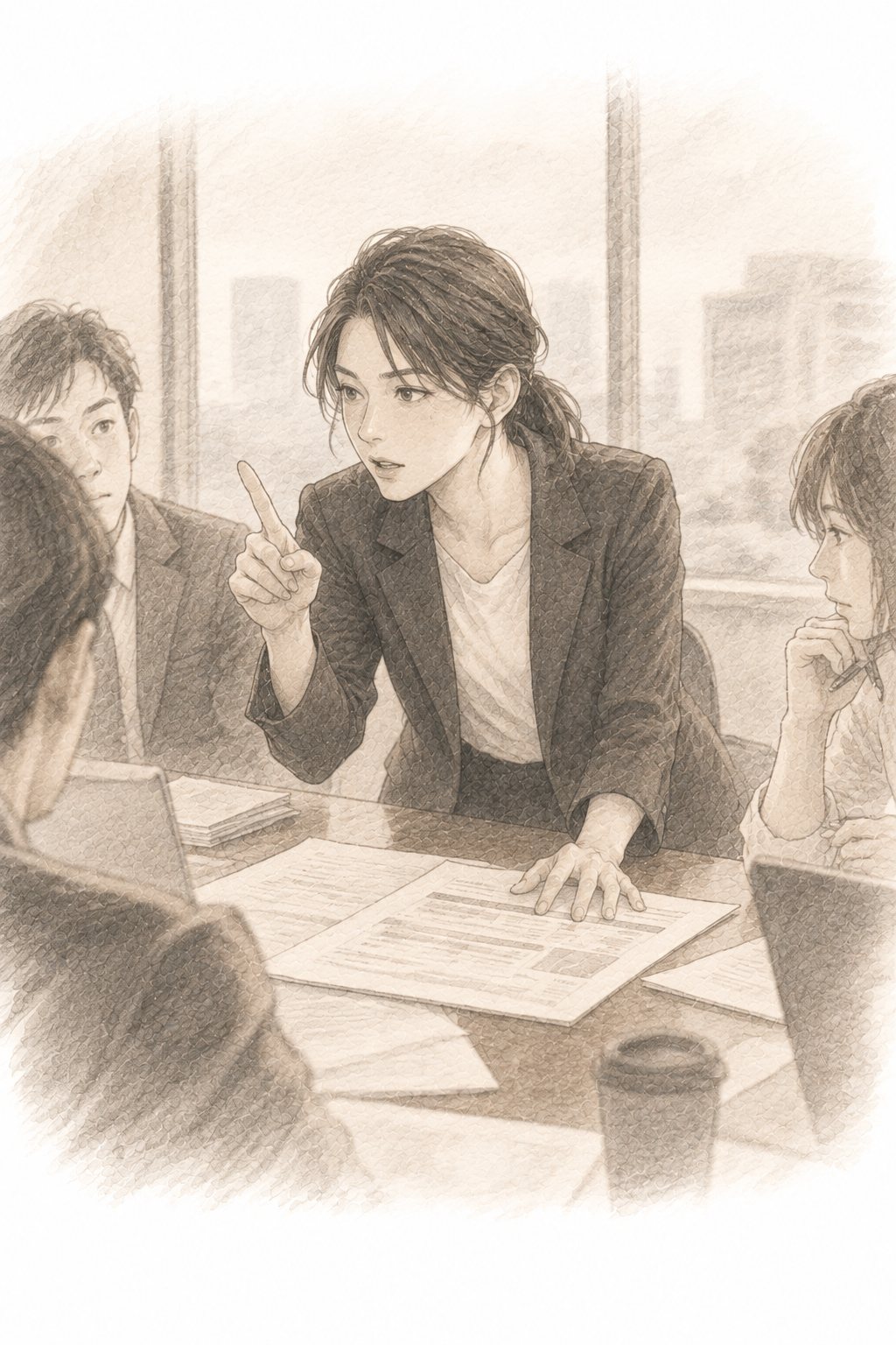 回想(色の抜けた現代の記憶)。東京の制作会社の打ち合わせ室で、業者の見積書を前に指を立てて説明する小春。