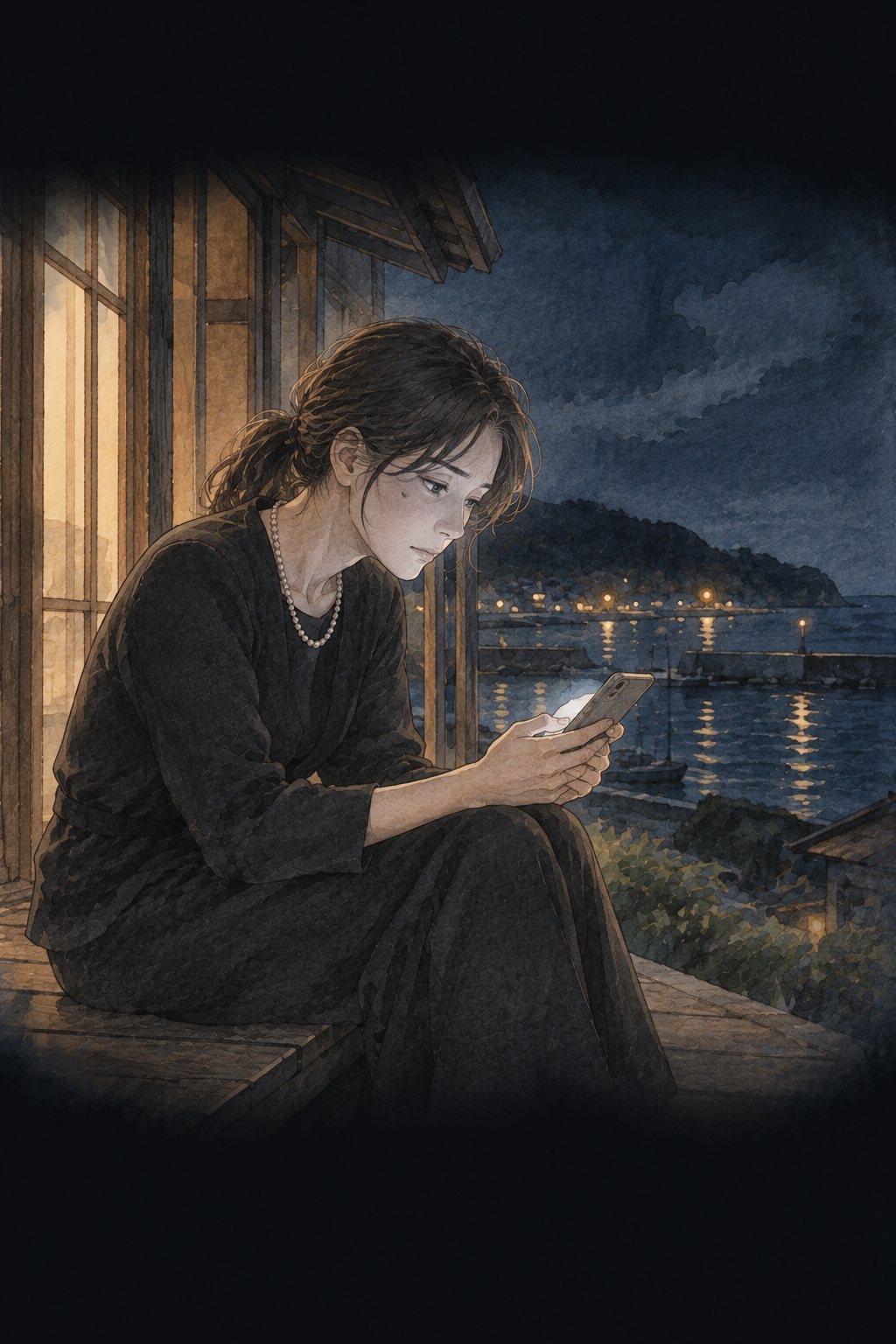 夜の縁側。暗い海を前に座る小春の顔を、スマートフォンの光が照らす。