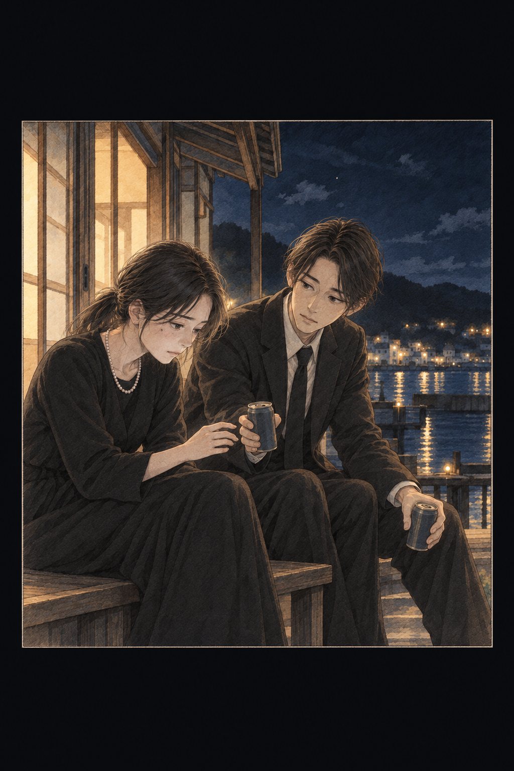 夜の縁側。小春の隣に、缶コーヒーを二本持った柏木が座る。