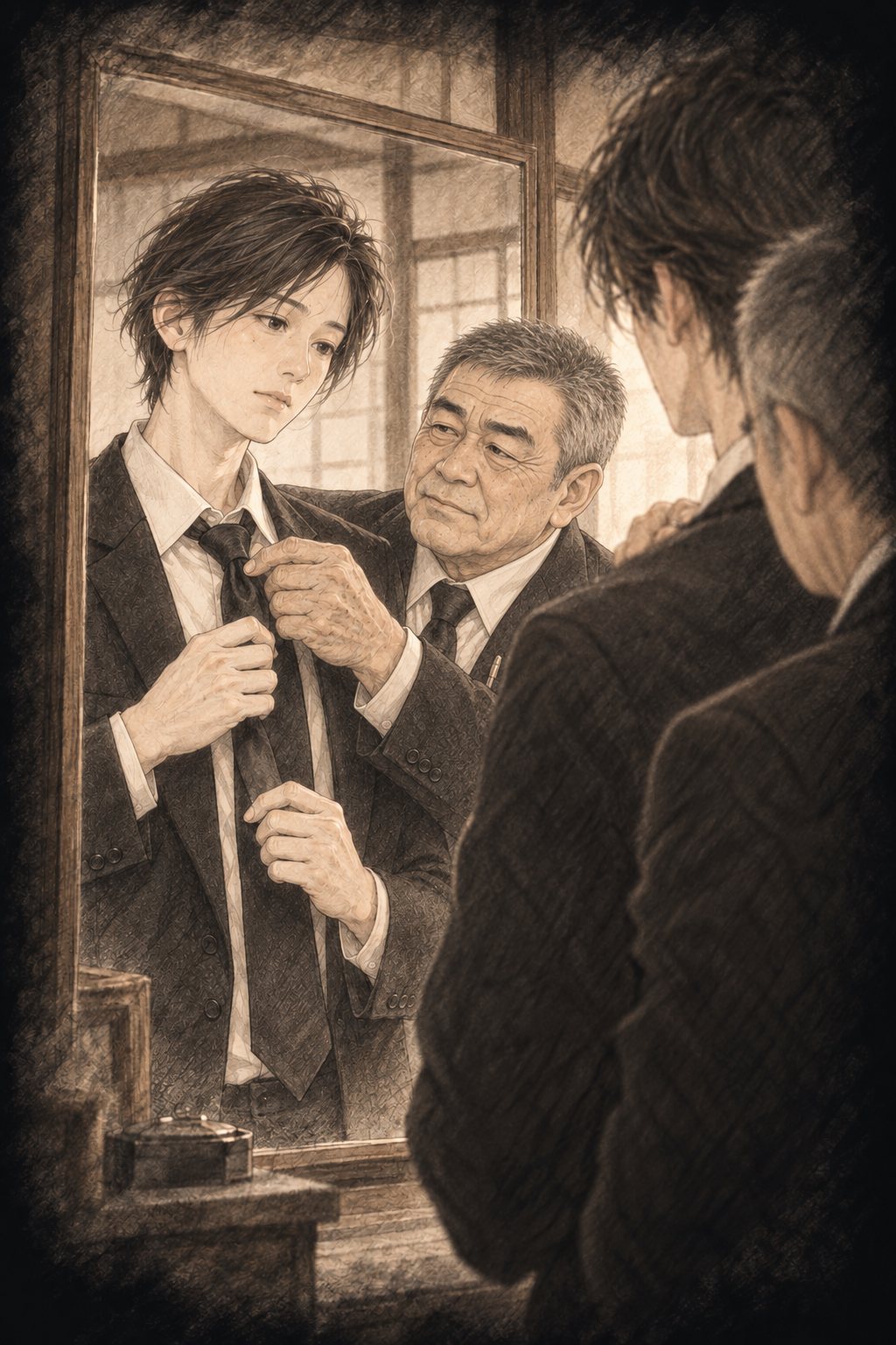 回想(鉛筆のセピア)。若い柏木に、黒ネクタイの結び方を教える父。