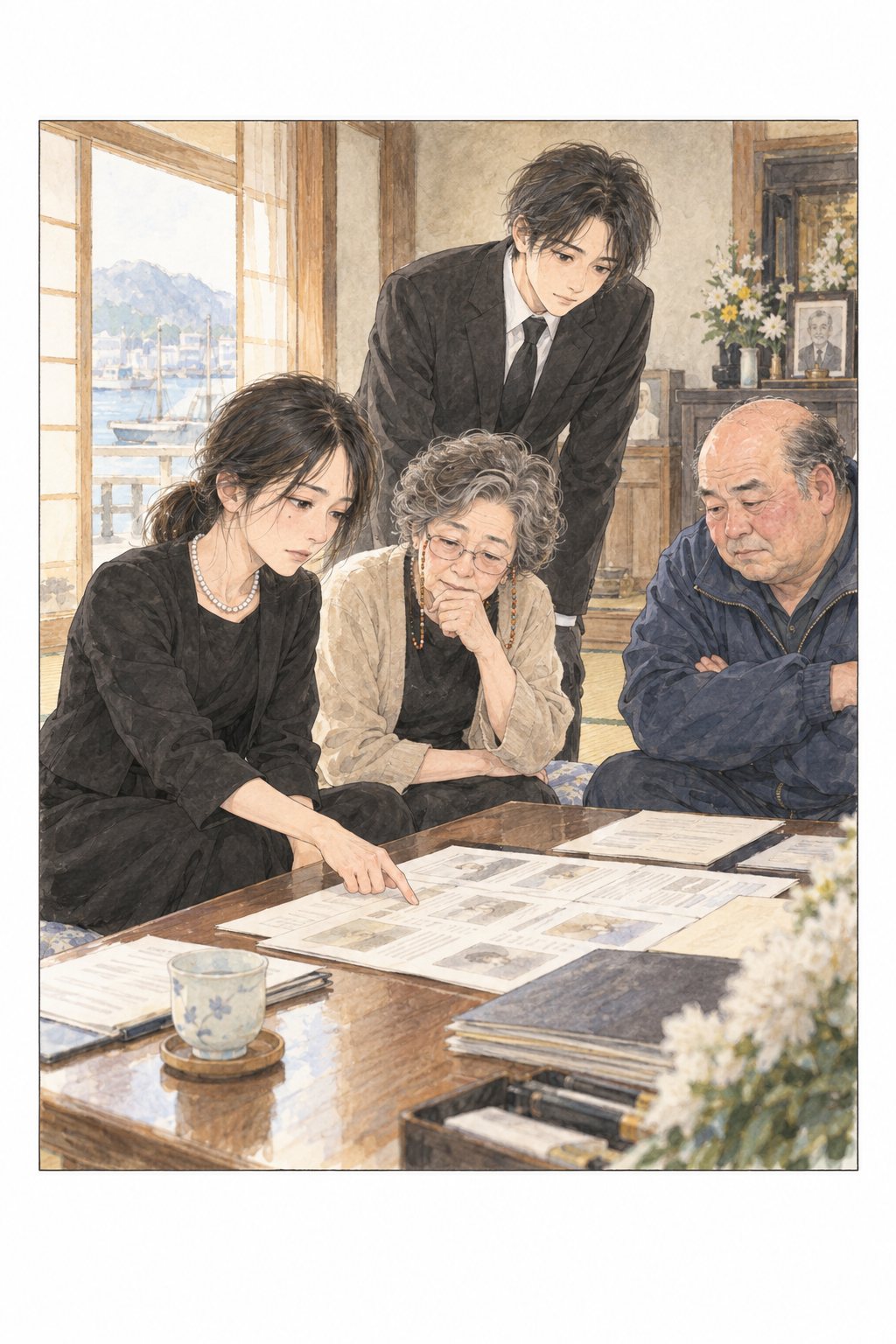 土曜の朝の居間。柏木が比べの紙を広げ、小春と母がのぞき込む。腕を組む叔父。