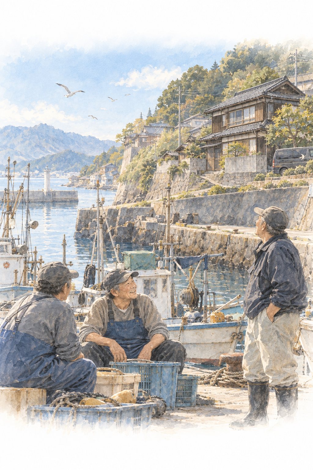 朝の漁港。船のそばで話し込む漁師たち。一人の老漁師が、篠原の家の方を見ている。