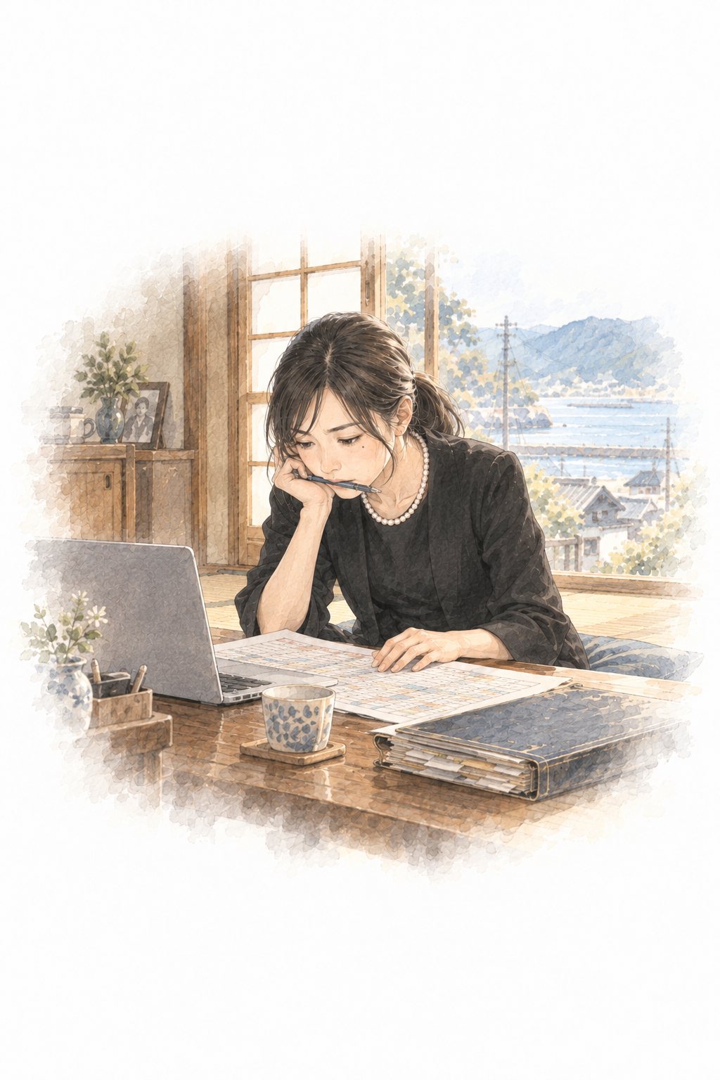居間の机で、ノートパソコンと紙を前に、ペンをくわえて進行表を組む小春。